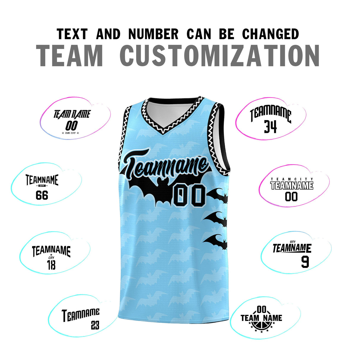 Custom Light Blue White Black Bat Pattern Halloween Basketball Jersey | For Men,For Kid,For Youth,Sublimation Printed,Perfect for Training,Perfect for Parties,Add Name and Numbern | KXKSHOP
