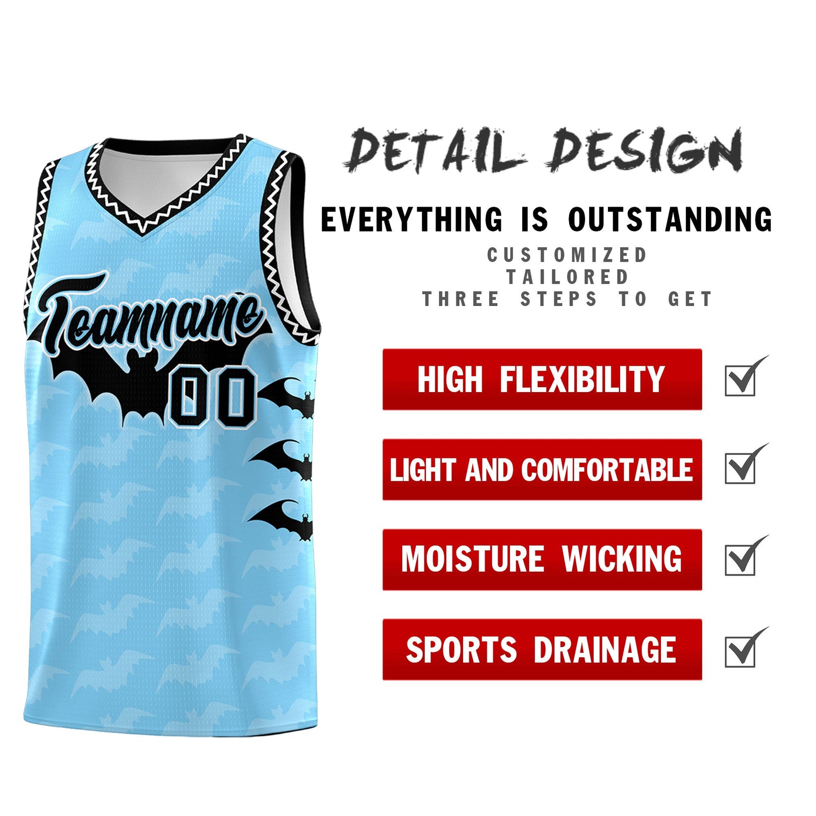 Custom Light Blue White Black Bat Pattern Halloween Basketball Jersey | For Men,For Kid,For Youth,Sublimation Printed,Perfect for Training,Perfect for Parties,Add Name and Numbern | KXKSHOP