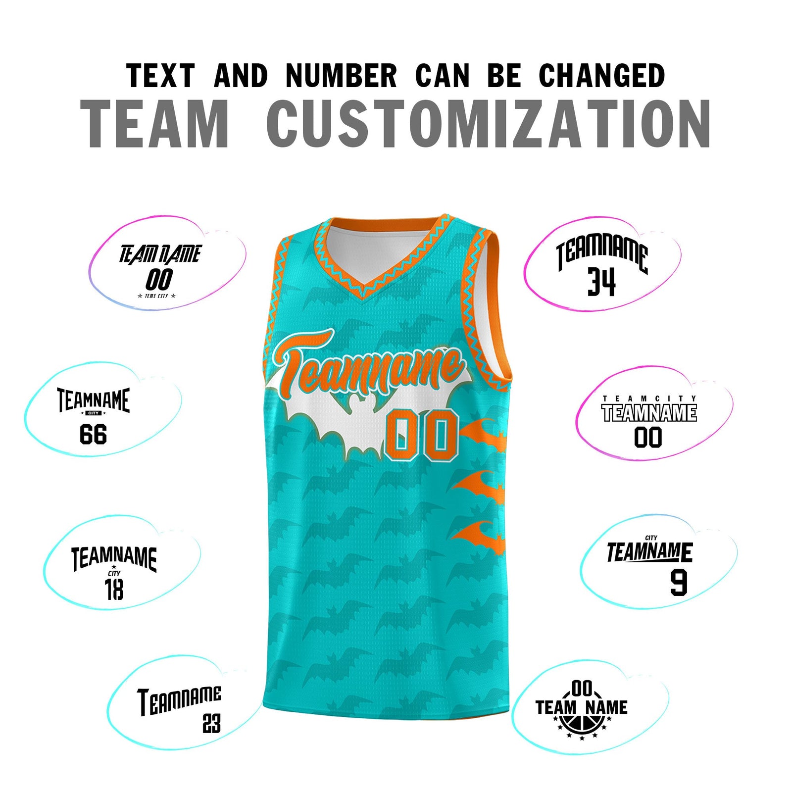 Custom Aqua Orange Bat Pattern Halloween Basketball Jersey | For Men,For Kid,For Youth,Sublimation Printed,Perfect for Training,Perfect for Parties,Add Name and Numbern | KXKSHOP