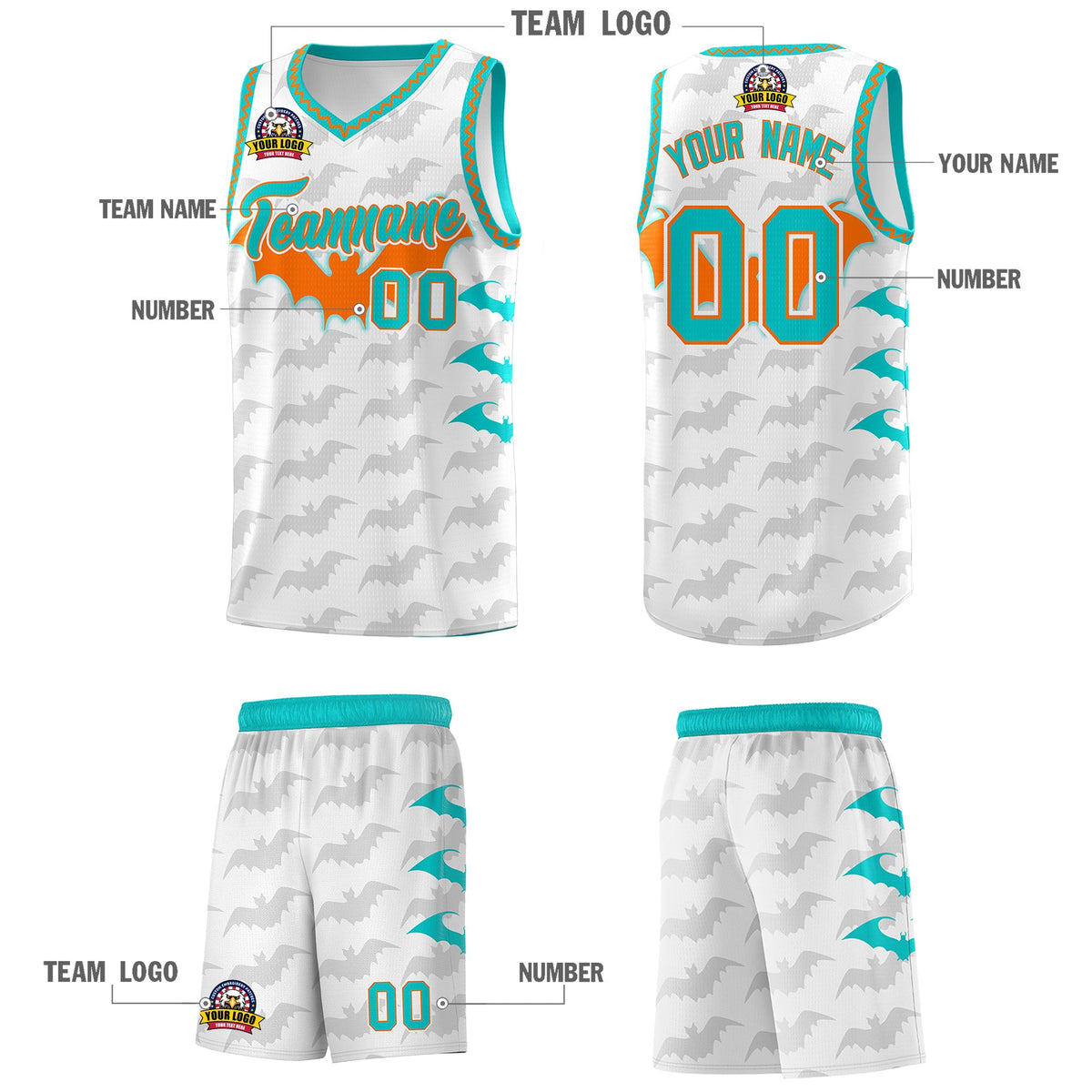 Custom White Orange Aqua Bat Pattern Halloween Basketball Jersey | For Men,For Kid,For Youth,Sublimation Printed,Perfect for Training,Perfect for Parties,Add Name and Numbern | KXKSHOP