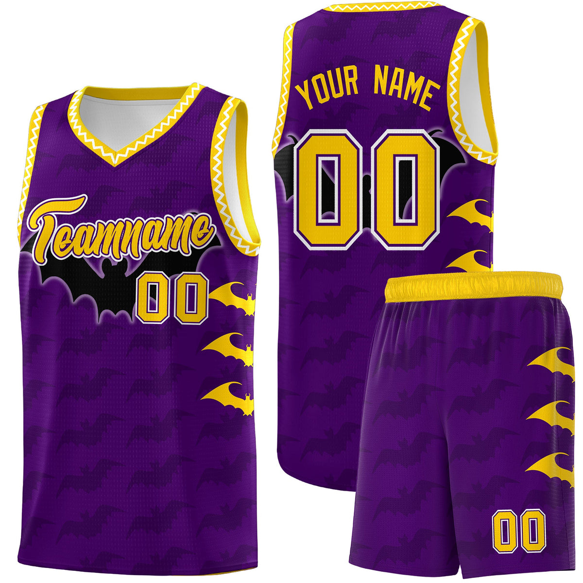 Custom Purple Gold White Bat Pattern Halloween Basketball Jersey | For Men,For Kid,For Youth,Sublimation Printed,Perfect for Training,Perfect for Parties,Add Name and Numbern | KXKSHOP