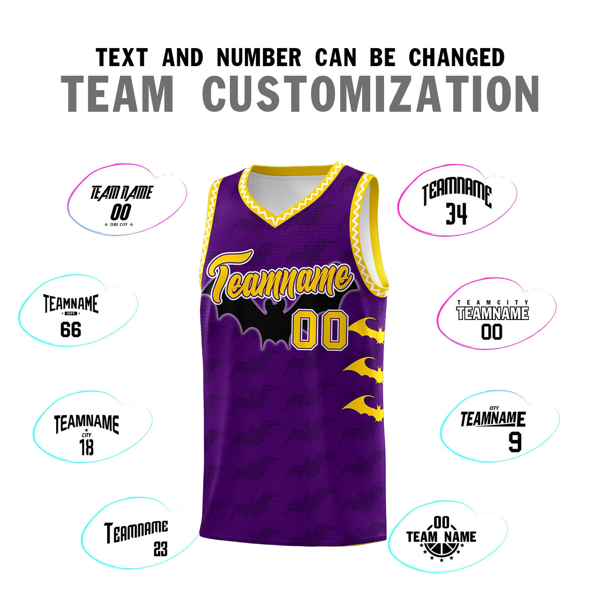 Custom Purple Gold White Bat Pattern Halloween Basketball Jersey | For Men,For Kid,For Youth,Sublimation Printed,Perfect for Training,Perfect for Parties,Add Name and Numbern | KXKSHOP