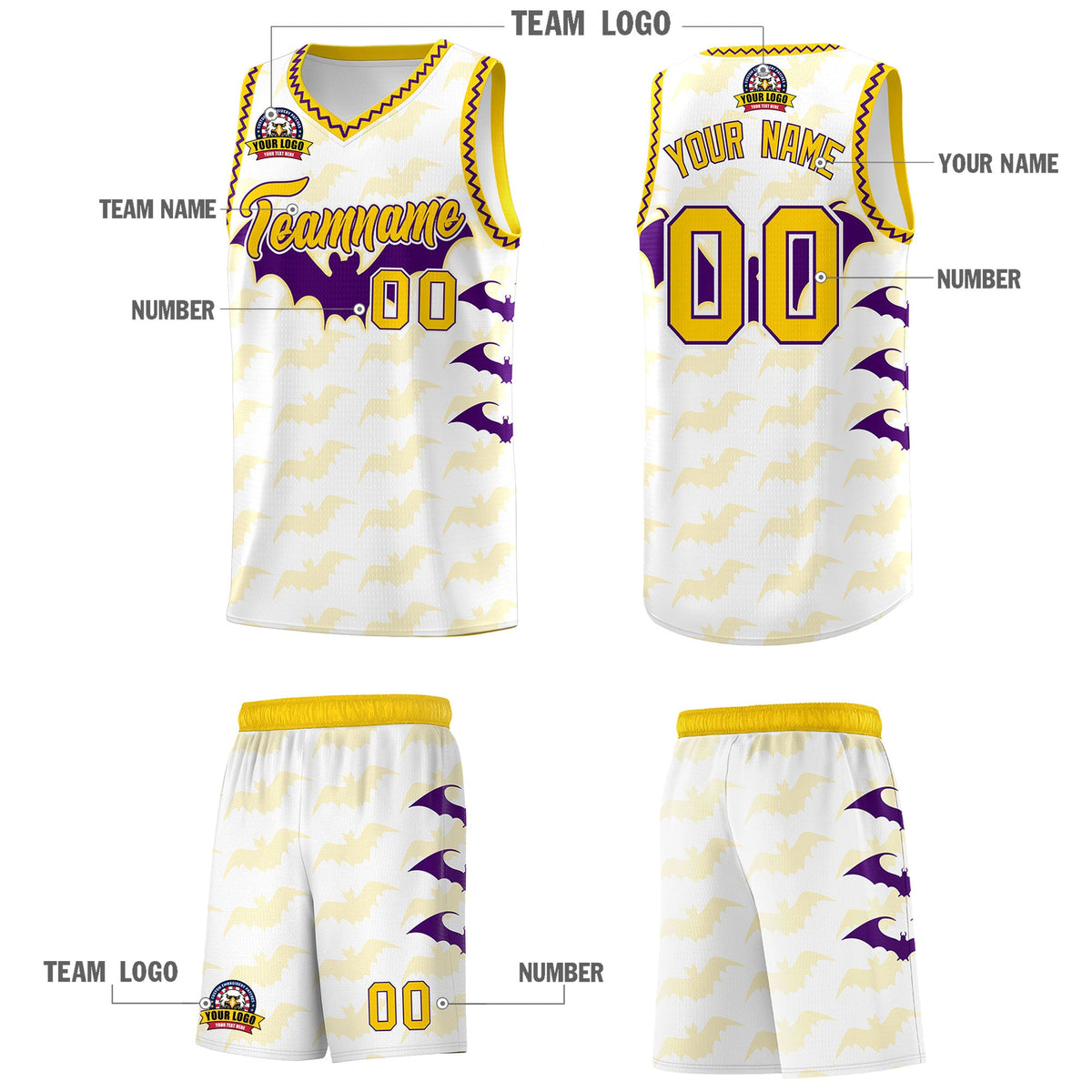 Custom White Purple Gold Bat Pattern Halloween Basketball Jersey | For Men,For Kid,For Youth,Sublimation Printed,Perfect for Training,Perfect for Parties,Add Name and Numbern | KXKSHOP