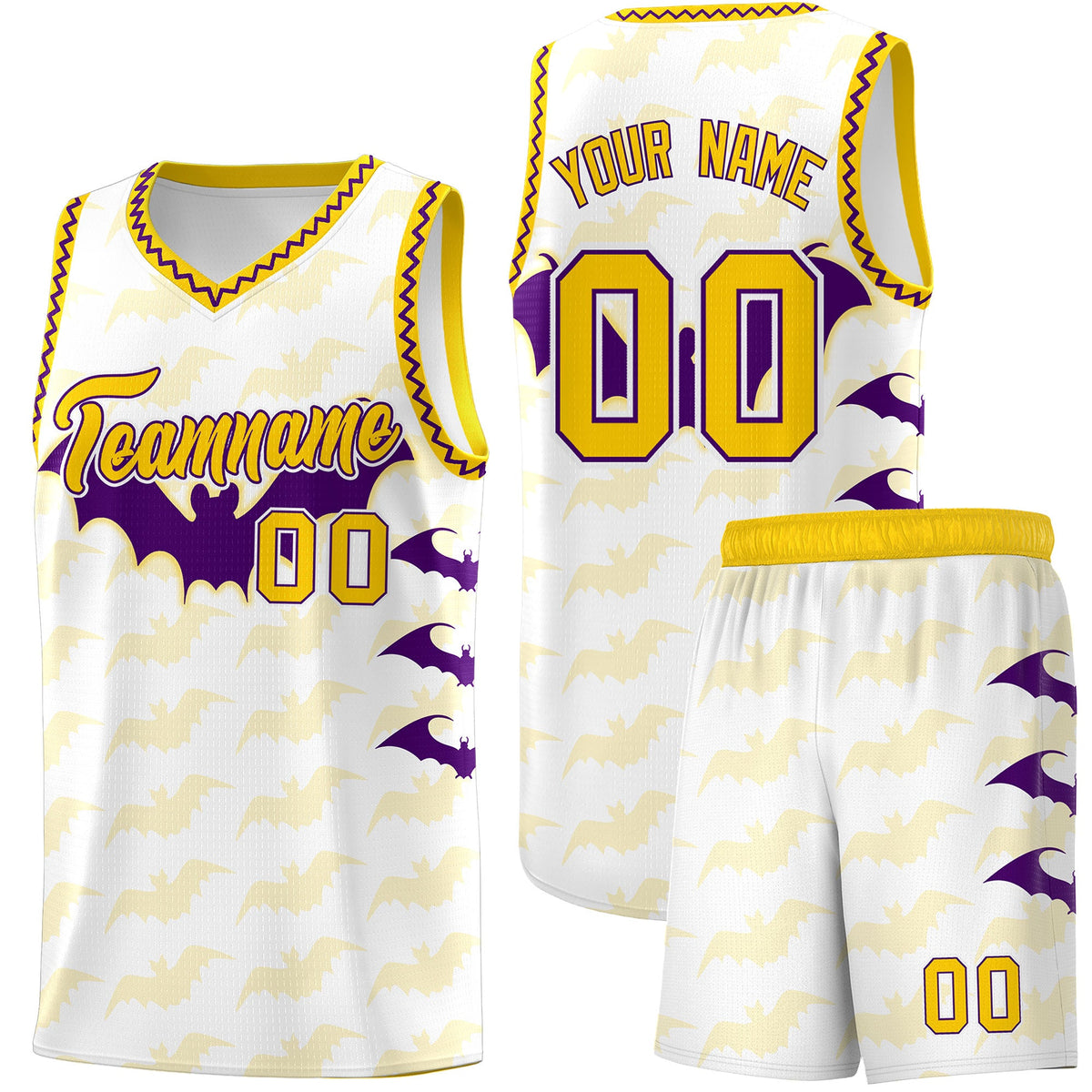 Custom White Purple Gold Bat Pattern Halloween Basketball Jersey | For Men,For Kid,For Youth,Sublimation Printed,Perfect for Training,Perfect for Parties,Add Name and Numbern | KXKSHOP