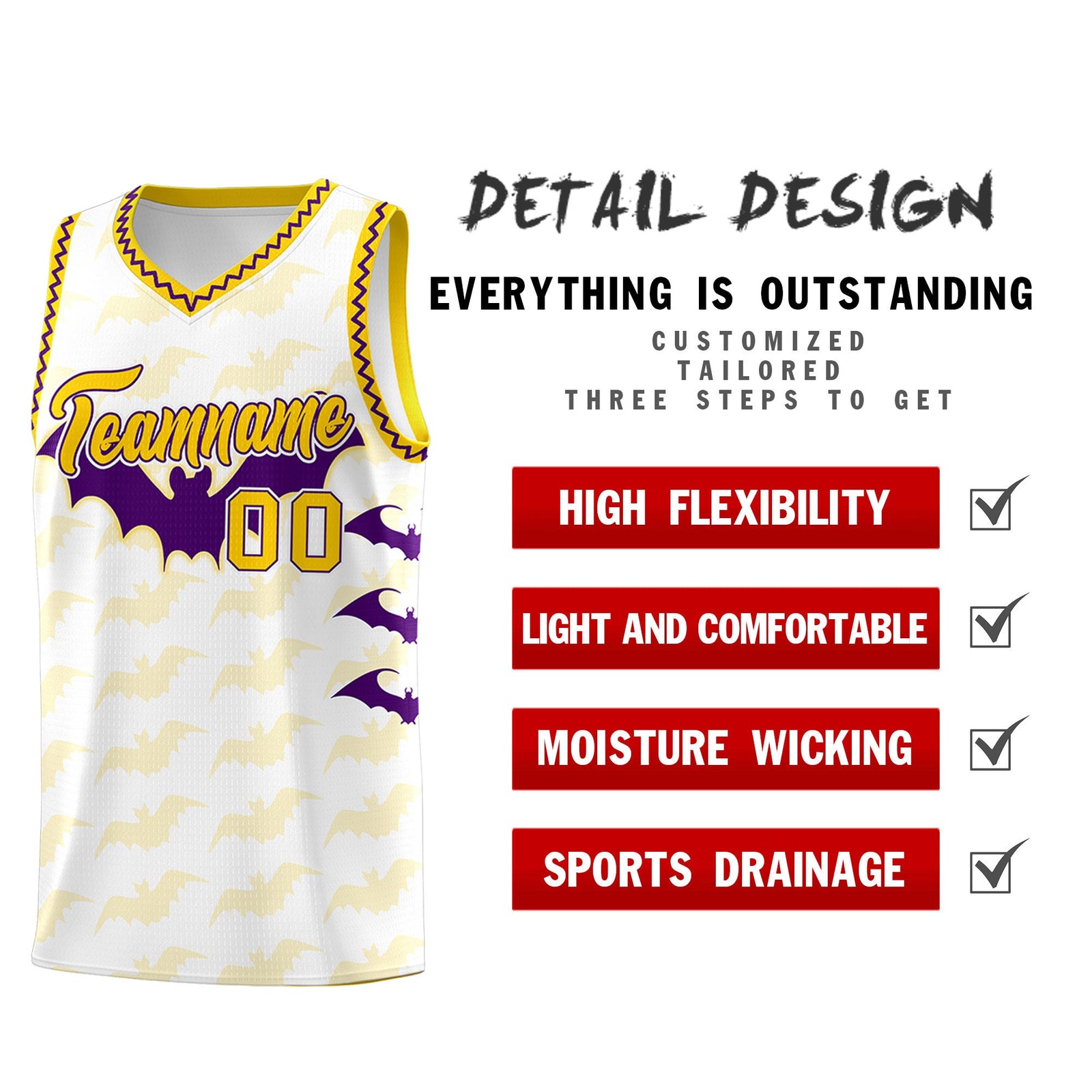 Custom White Purple Gold Bat Pattern Halloween Basketball Jersey | For Men,For Kid,For Youth,Sublimation Printed,Perfect for Training,Perfect for Parties,Add Name and Numbern | KXKSHOP