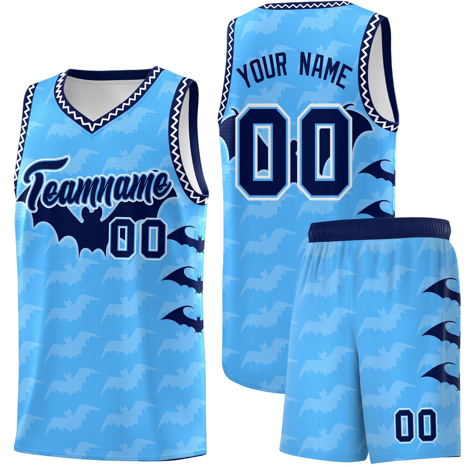Custom Powder Blue White Bat Pattern Halloween Basketball Jersey | For Men,For Kid,For Youth,Sublimation Printed,Perfect for Training,Perfect for Parties,Add Name and Numbern | KXKSHOP