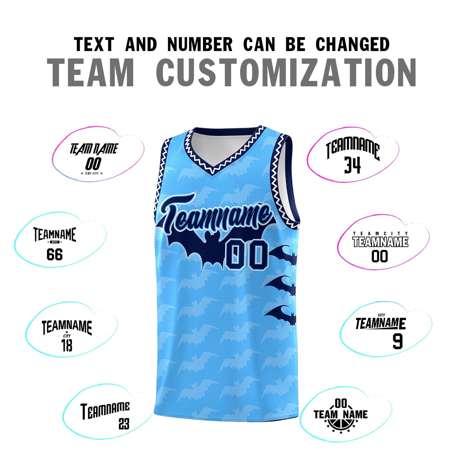 Custom Powder Blue White Bat Pattern Halloween Basketball Jersey | For Men,For Kid,For Youth,Sublimation Printed,Perfect for Training,Perfect for Parties,Add Name and Numbern | KXKSHOP