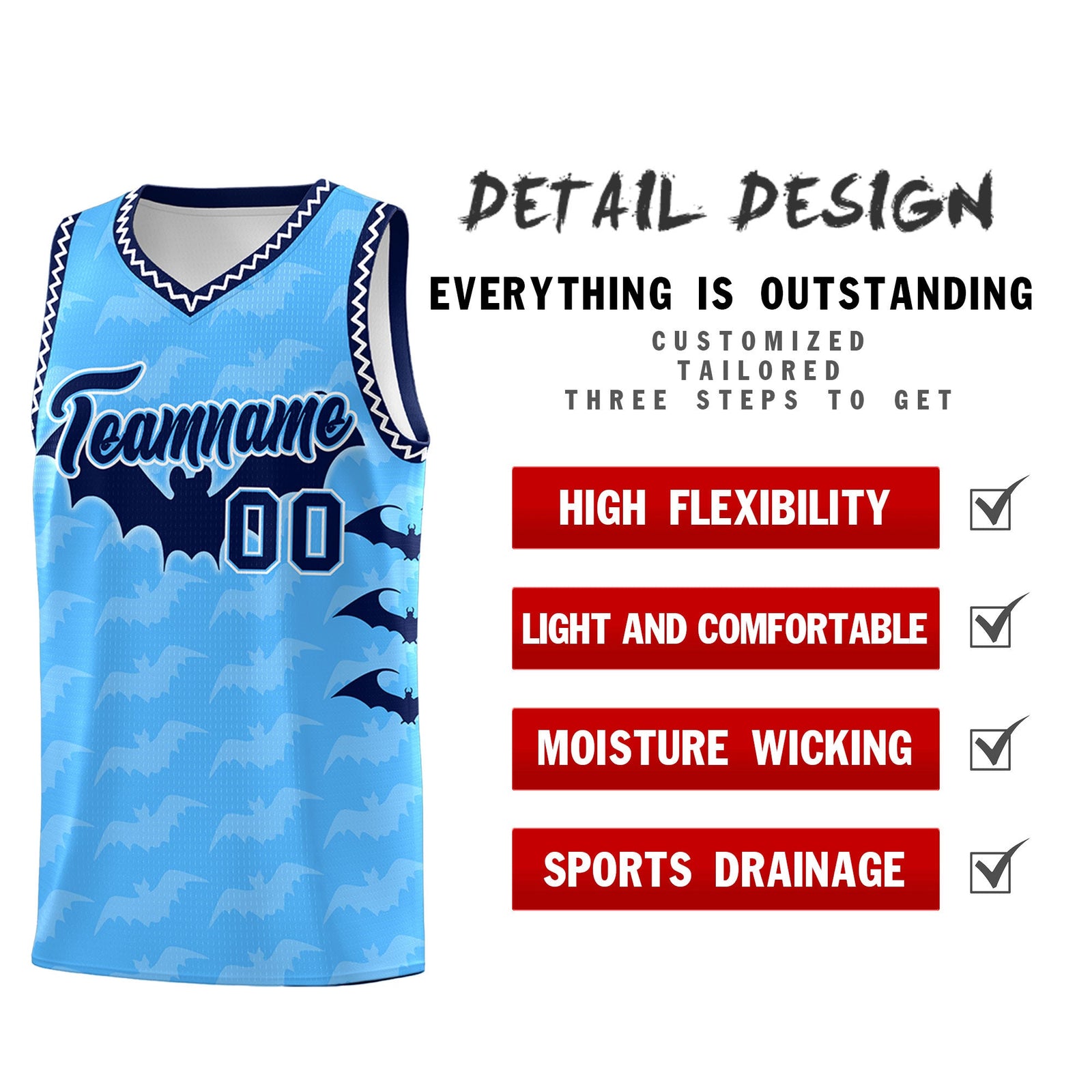 Custom Powder Blue White Bat Pattern Halloween Basketball Jersey | For Men,For Kid,For Youth,Sublimation Printed,Perfect for Training,Perfect for Parties,Add Name and Numbern | KXKSHOP