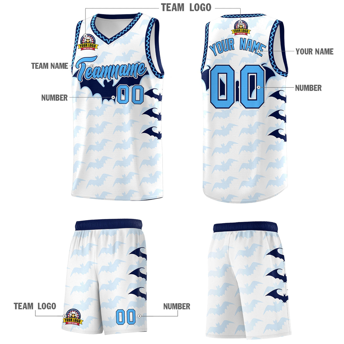 Custom White Powder Blue Bat Pattern Halloween Basketball Jersey | For Men,For Kid,For Youth,Sublimation Printed,Perfect for Training,Perfect for Parties,Add Name and Numbern | KXKSHOP