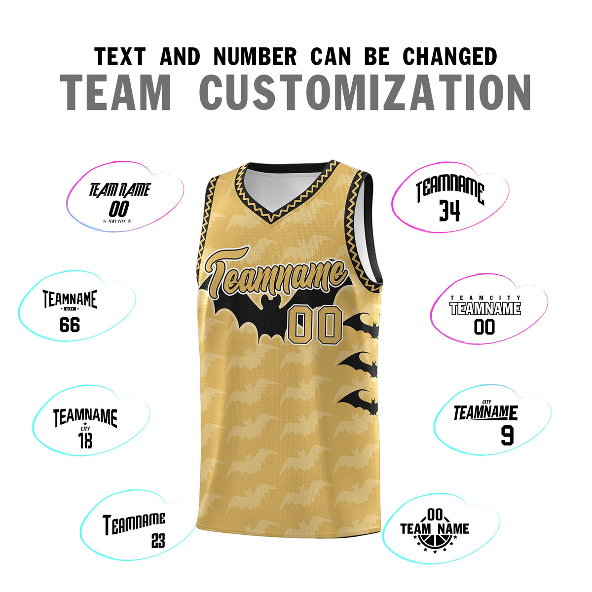 Custom Old Gold Black White Bat Pattern Halloween Basketball Jersey | For Men,For Kid,For Youth,Sublimation Printed,Perfect for Training,Perfect for Parties,Add Name and Numbern | KXKSHOP