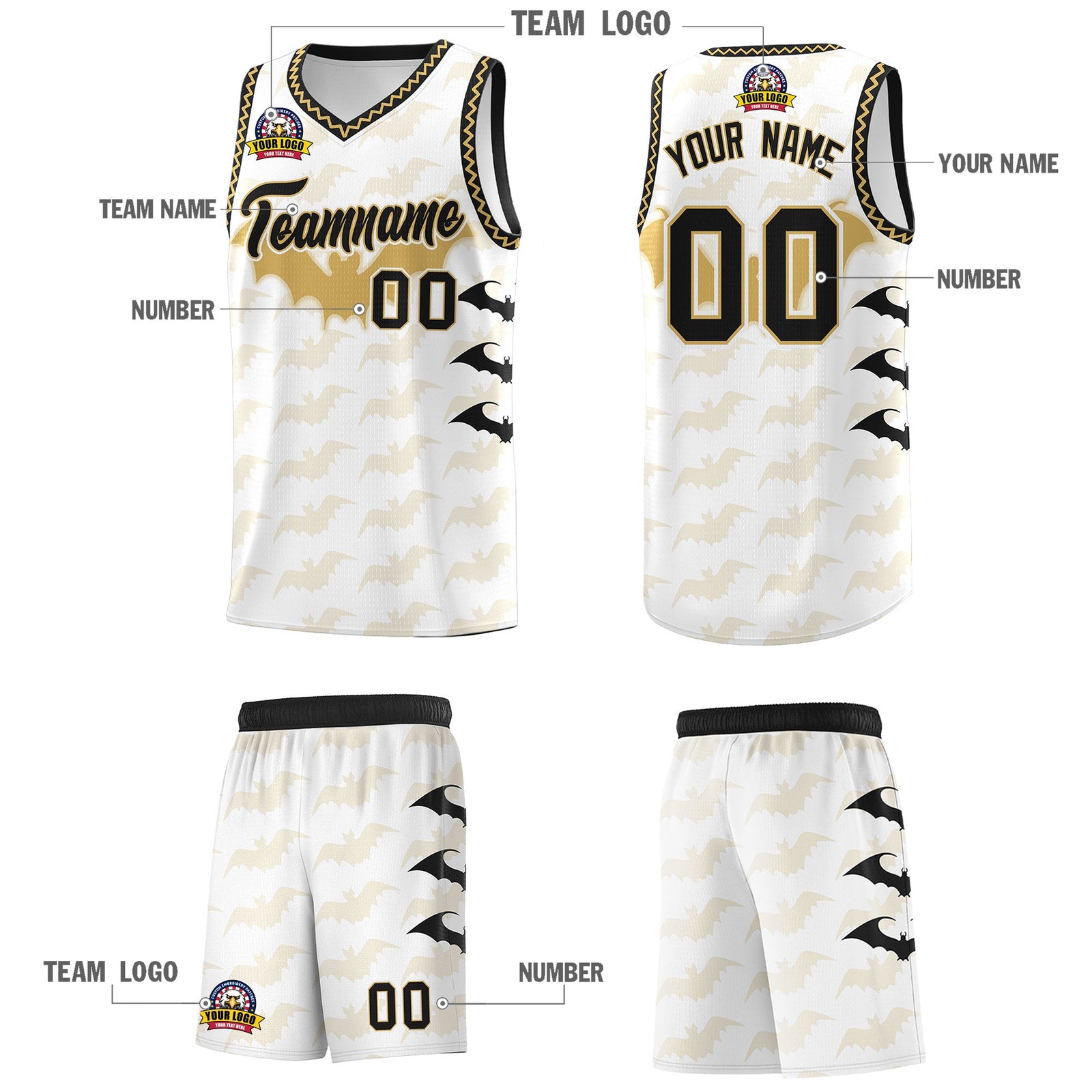 Custom White Old Gold Bat Pattern Halloween Basketball Jersey | For Men,For Kid,For Youth,Sublimation Printed,Perfect for Training,Perfect for Parties,Add Name and Numbern | KXKSHOP
