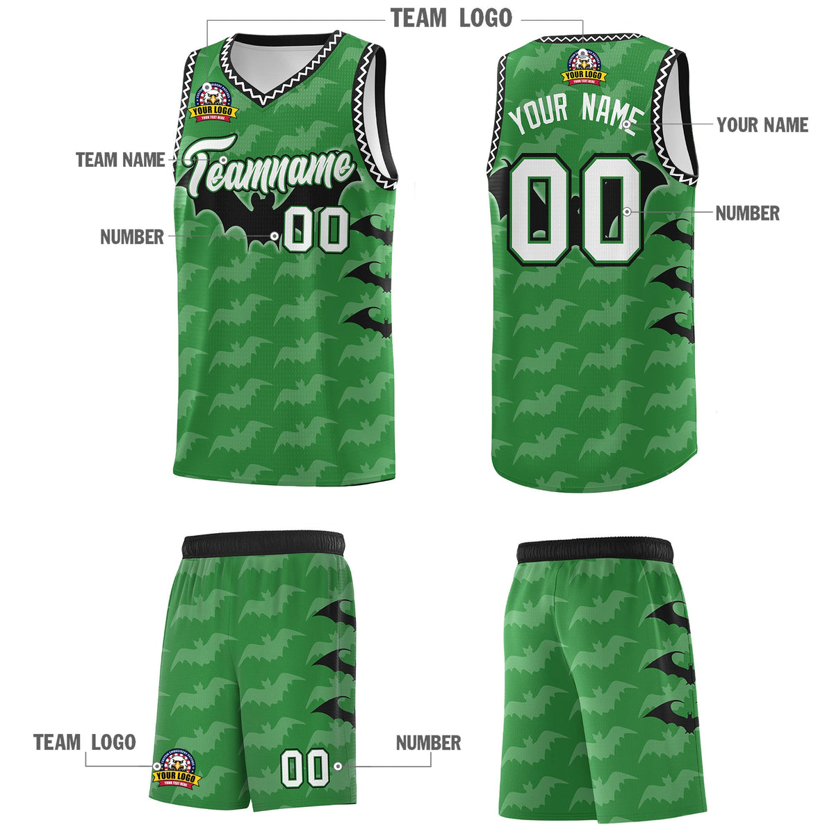 Custom Kelly Green White Black Bat Pattern Halloween Basketball Jersey | For Men,For Kid,For Youth,Sublimation Printed,Perfect for Training,Perfect for Parties,Add Name and Numbern | KXKSHOP
