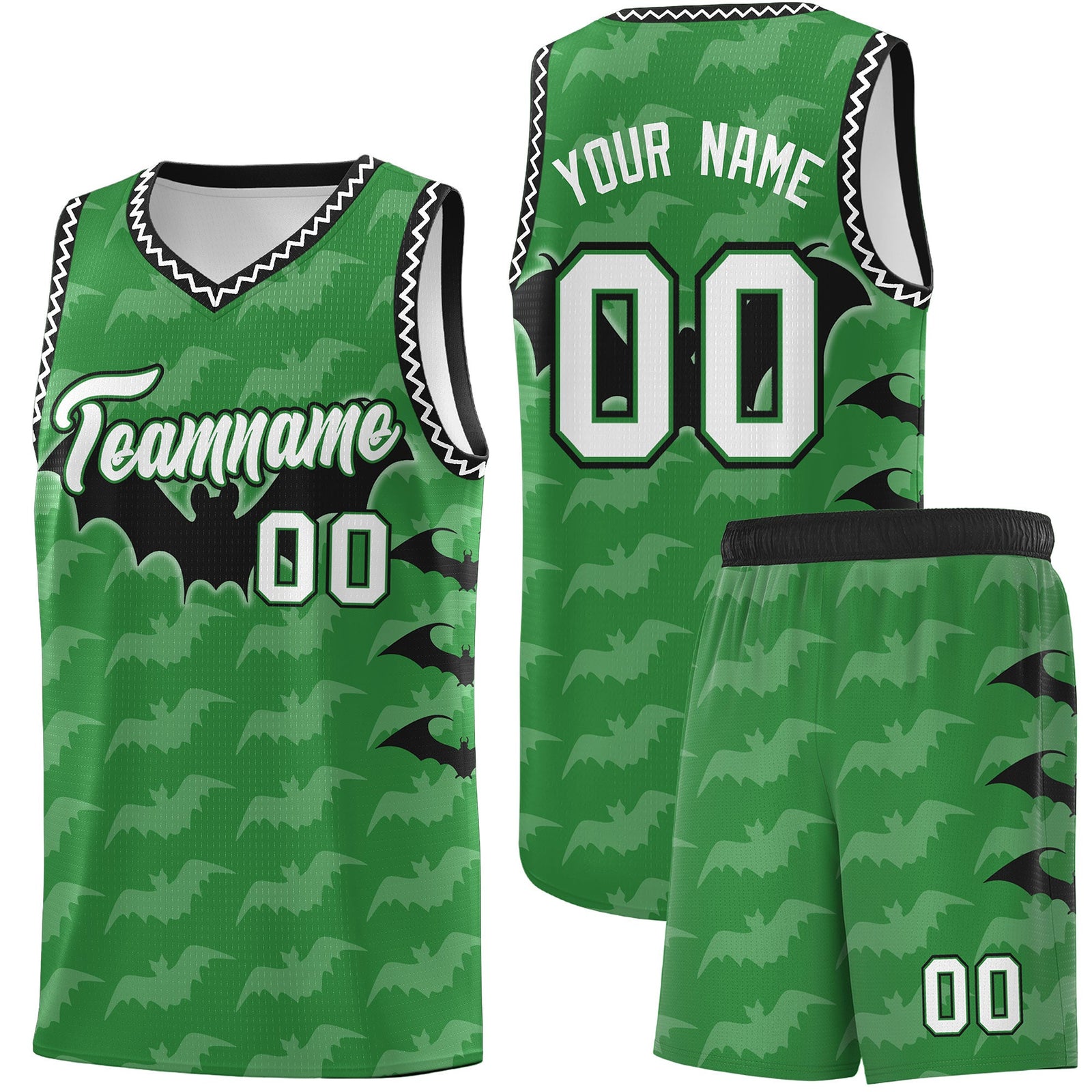 Custom Kelly Green White Black Bat Pattern Halloween Basketball Jersey | For Men,For Kid,For Youth,Sublimation Printed,Perfect for Training,Perfect for Parties,Add Name and Numbern | KXKSHOP