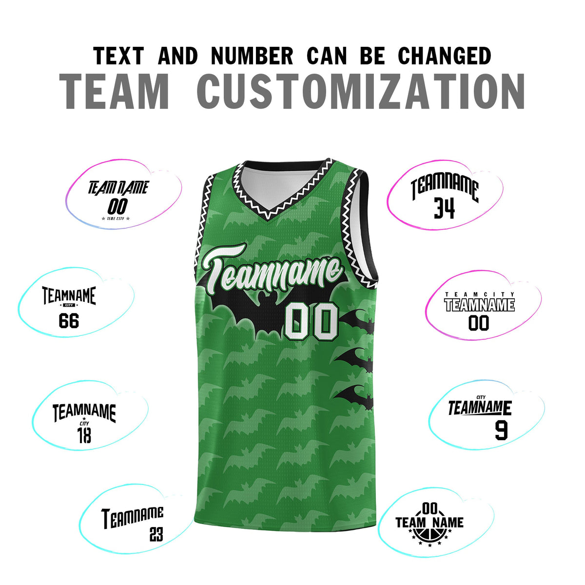 Custom Kelly Green White Black Bat Pattern Halloween Basketball Jersey | For Men,For Kid,For Youth,Sublimation Printed,Perfect for Training,Perfect for Parties,Add Name and Numbern | KXKSHOP