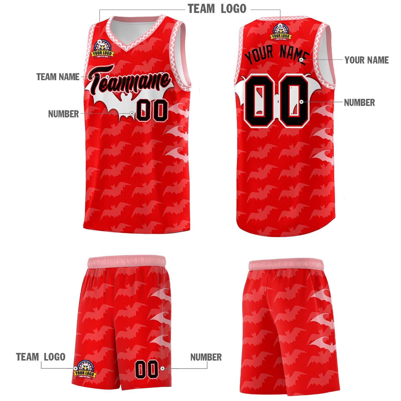 Custom Light Red White Bat Pattern Halloween Basketball Jersey | For Men,For Kid,For Youth,Sublimation Printed,Perfect for Training,Perfect for Parties,Add Name and Numbern | KXKSHOP