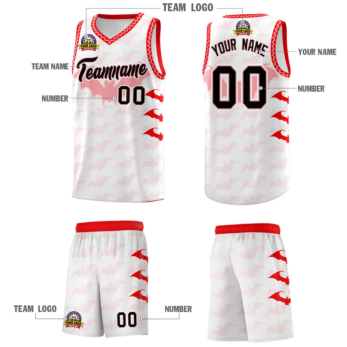 Custom White Light Pink Bat Pattern Halloween Basketball Jersey | For Men,For Kid,For Youth,Sublimation Printed,Perfect for Training,Perfect for Parties,Add Name and Numbern | KXKSHOP