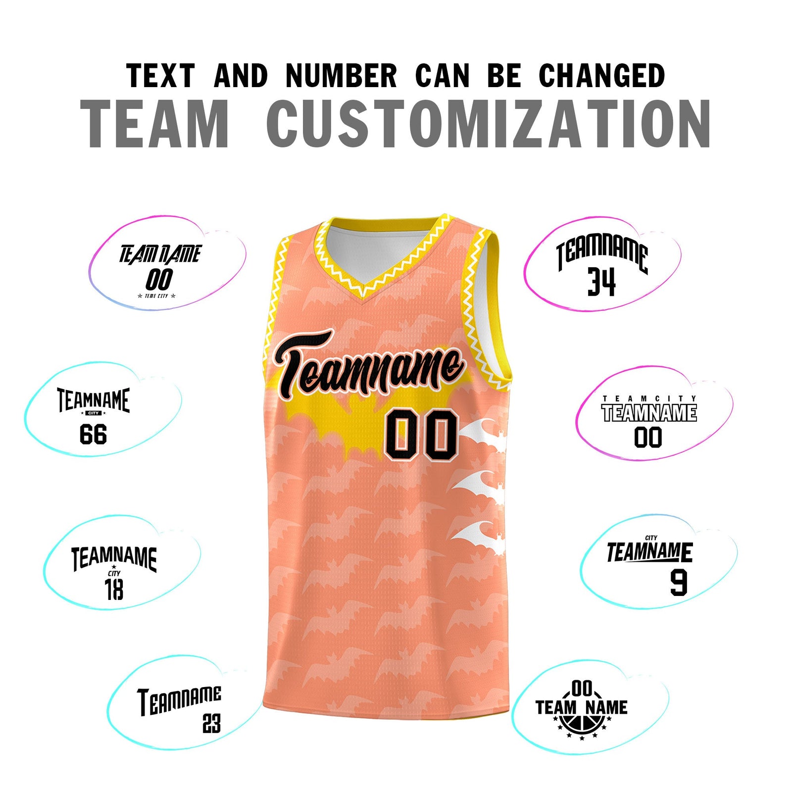 Custom Light Orange White Bat Pattern Halloween Basketball Jersey | For Men,For Kid,For Youth,Sublimation Printed,Perfect for Training,Perfect for Parties,Add Name and Numbern | KXKSHOP