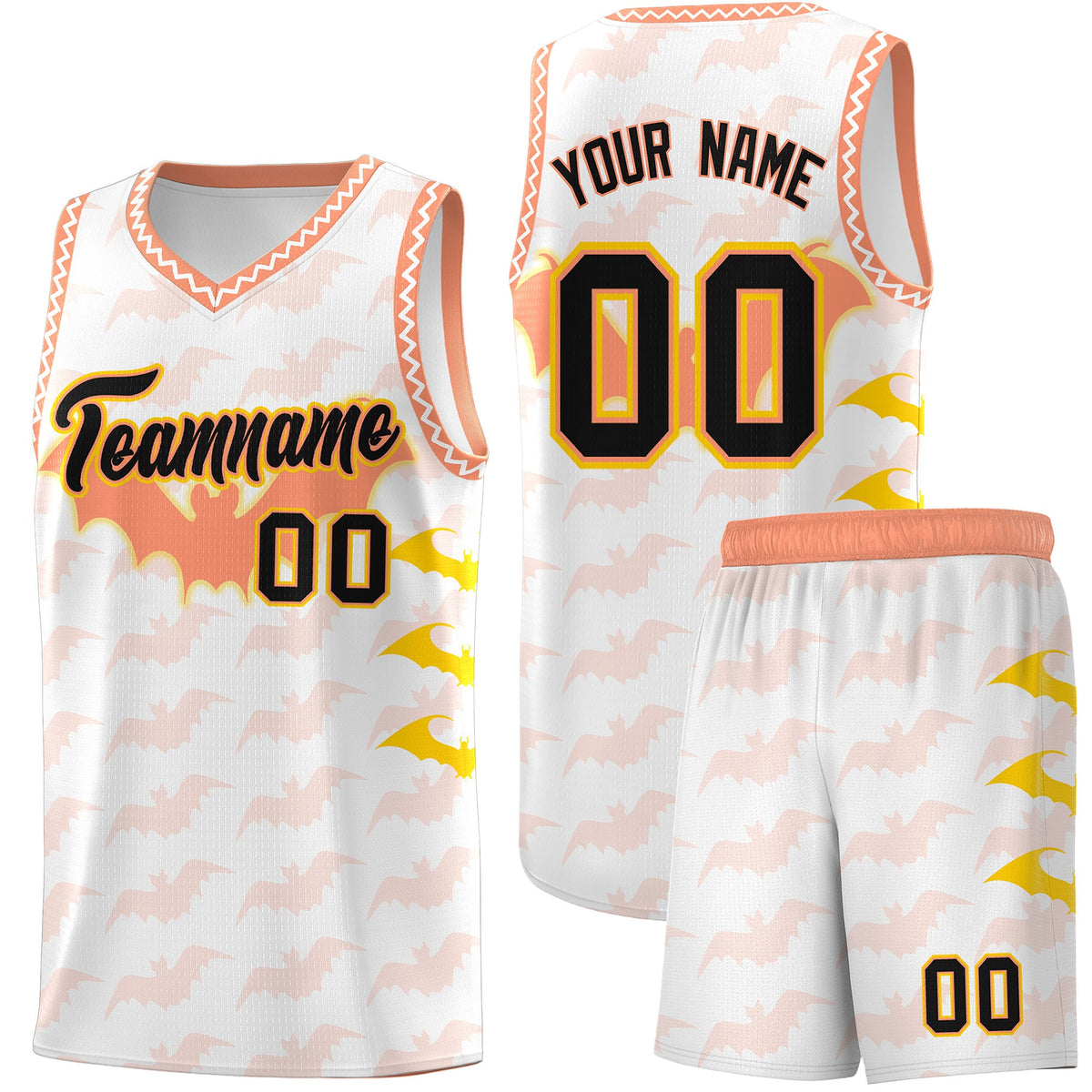 Custom White Gold Light Orange Bat Pattern Halloween Basketball Jersey | For Men,For Kid,For Youth,Sublimation Printed,Perfect for Training,Perfect for Parties,Add Name and Numbern | KXKSHOP