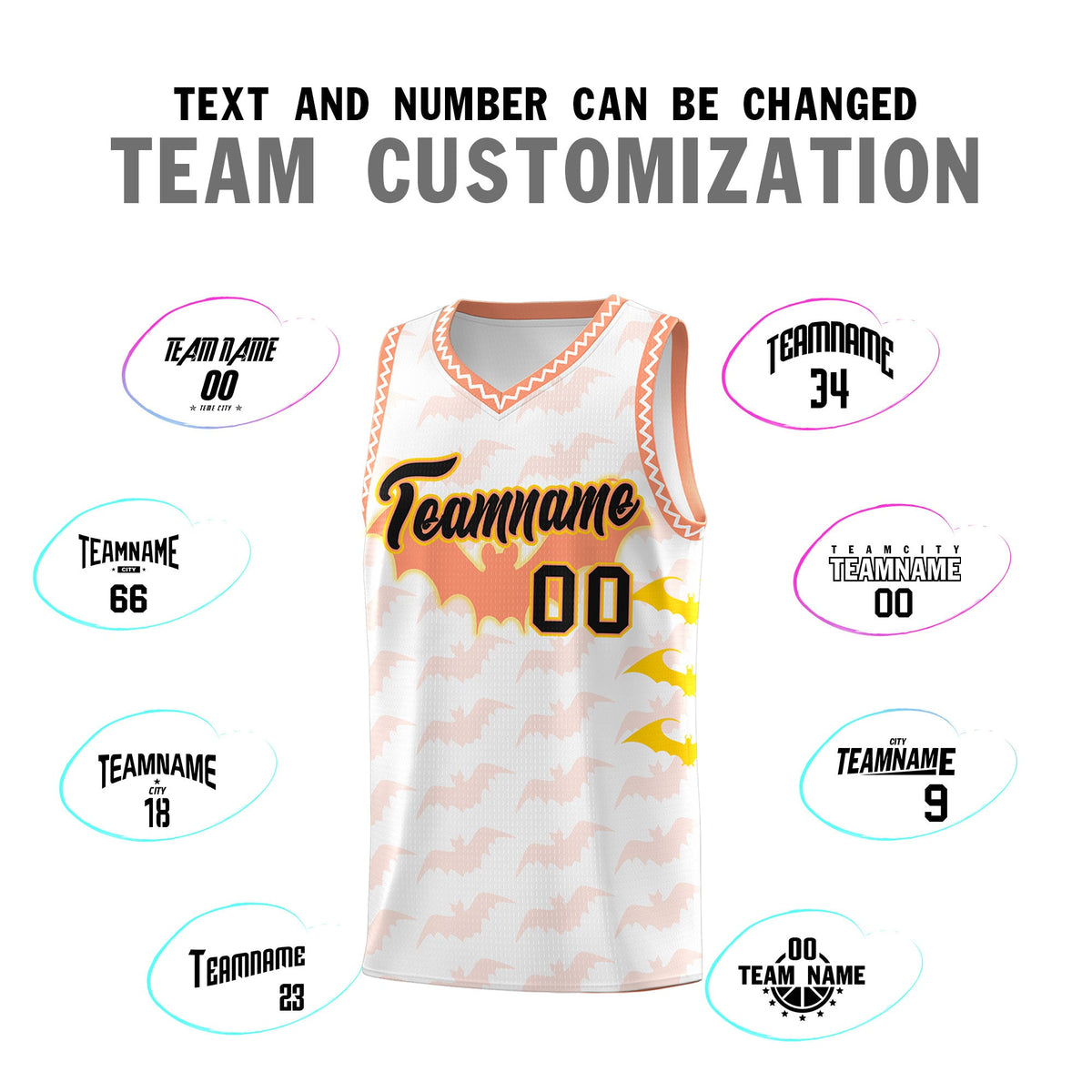 Custom White Gold Light Orange Bat Pattern Halloween Basketball Jersey | For Men,For Kid,For Youth,Sublimation Printed,Perfect for Training,Perfect for Parties,Add Name and Numbern | KXKSHOP