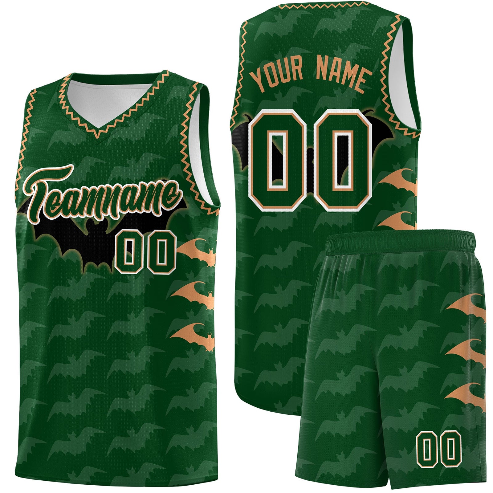 Custom Green Buckskin Brown Bat Pattern Halloween Basketball Jersey | For Men,For Kid,For Youth,Sublimation Printed,Perfect for Training,Perfect for Parties,Add Name and Numbern | KXKSHOP