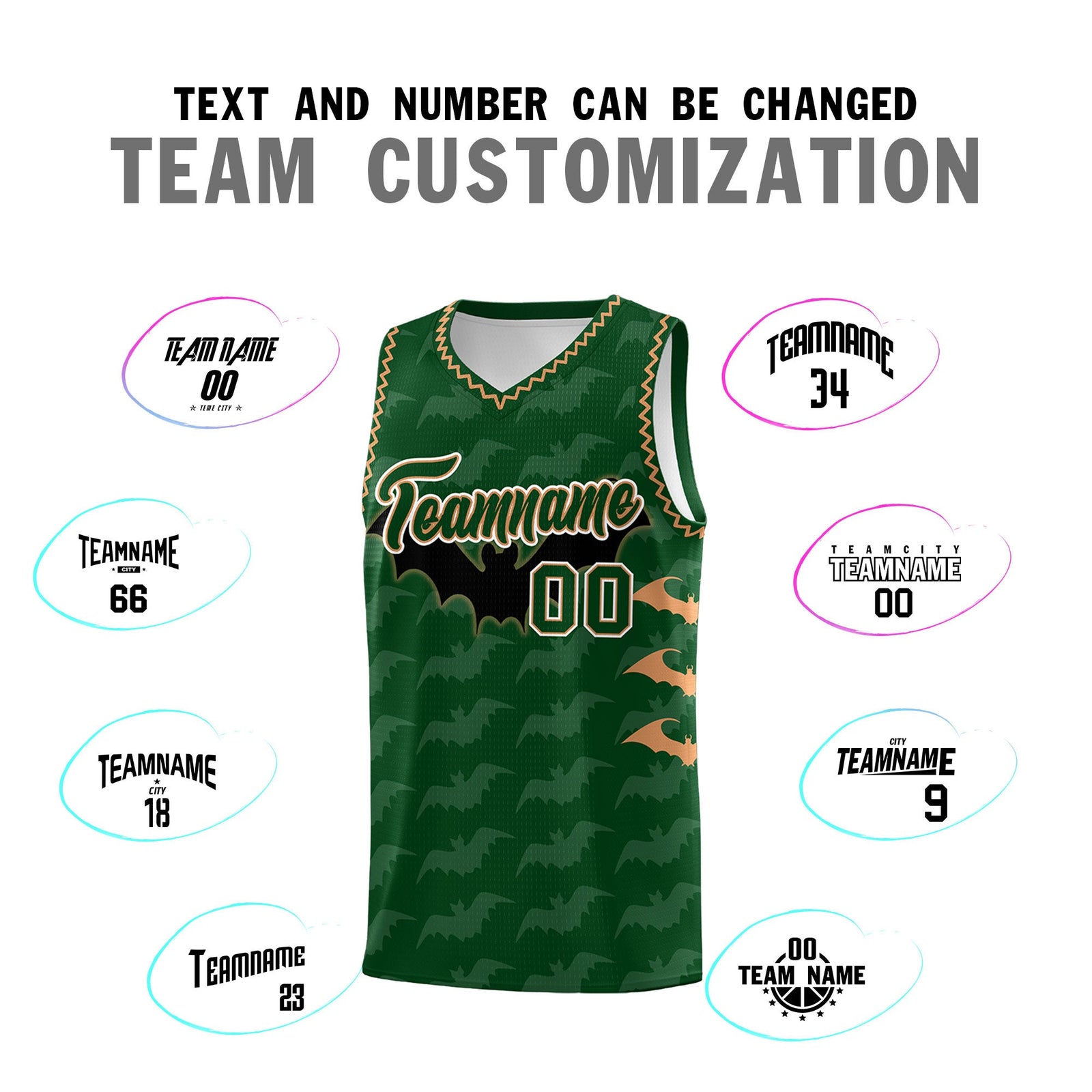 Custom Green Buckskin Brown Bat Pattern Halloween Basketball Jersey | For Men,For Kid,For Youth,Sublimation Printed,Perfect for Training,Perfect for Parties,Add Name and Numbern | KXKSHOP
