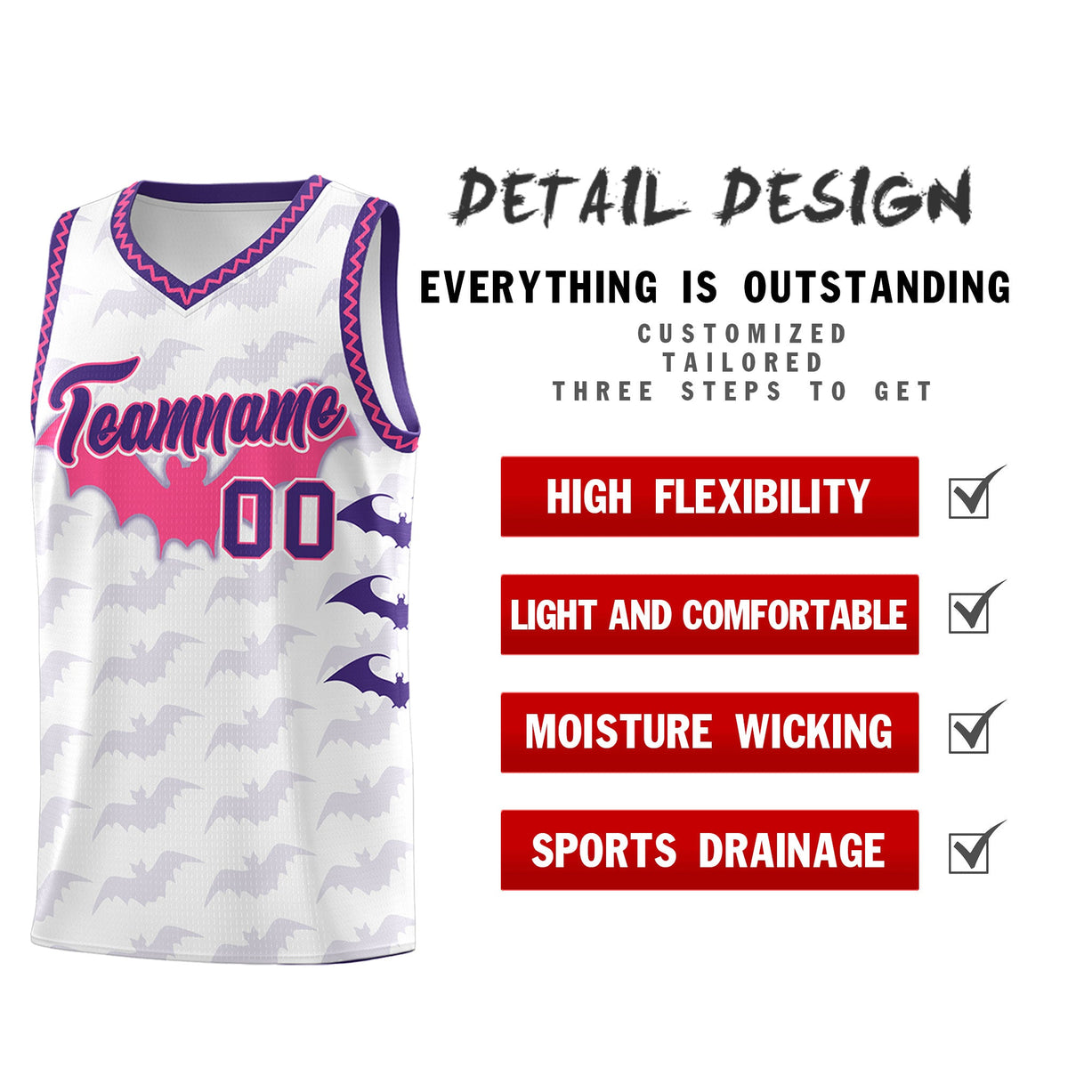 Custom White Pink Purple Bat Pattern Halloween Basketball Jersey | For Men,For Kid,For Youth,Sublimation Printed,Perfect for Training,Perfect for Parties,Add Name and Numbern | KXKSHOP