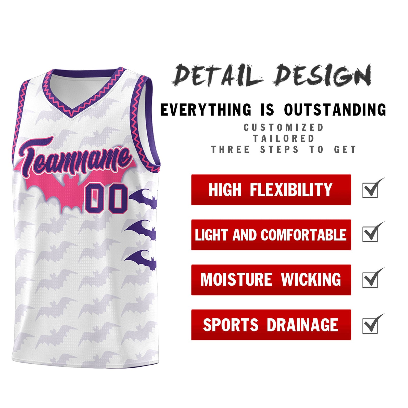 Custom White Pink Purple Bat Pattern Halloween Basketball Jersey | For Men,For Kid,For Youth,Sublimation Printed,Perfect for Training,Perfect for Parties,Add Name and Numbern | KXKSHOP