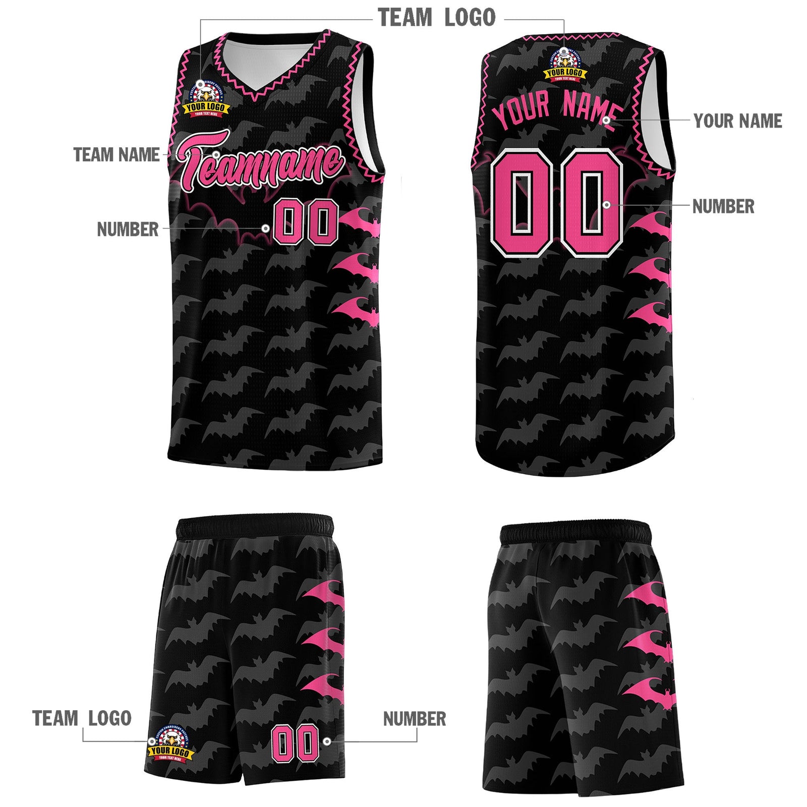 Custom Black Pink Bat Pattern Halloween Basketball Jersey | For Men,For Kid,For Youth,Sublimation Printed,Perfect for Training,Perfect for Parties,Add Name and Numbern | KXKSHOP