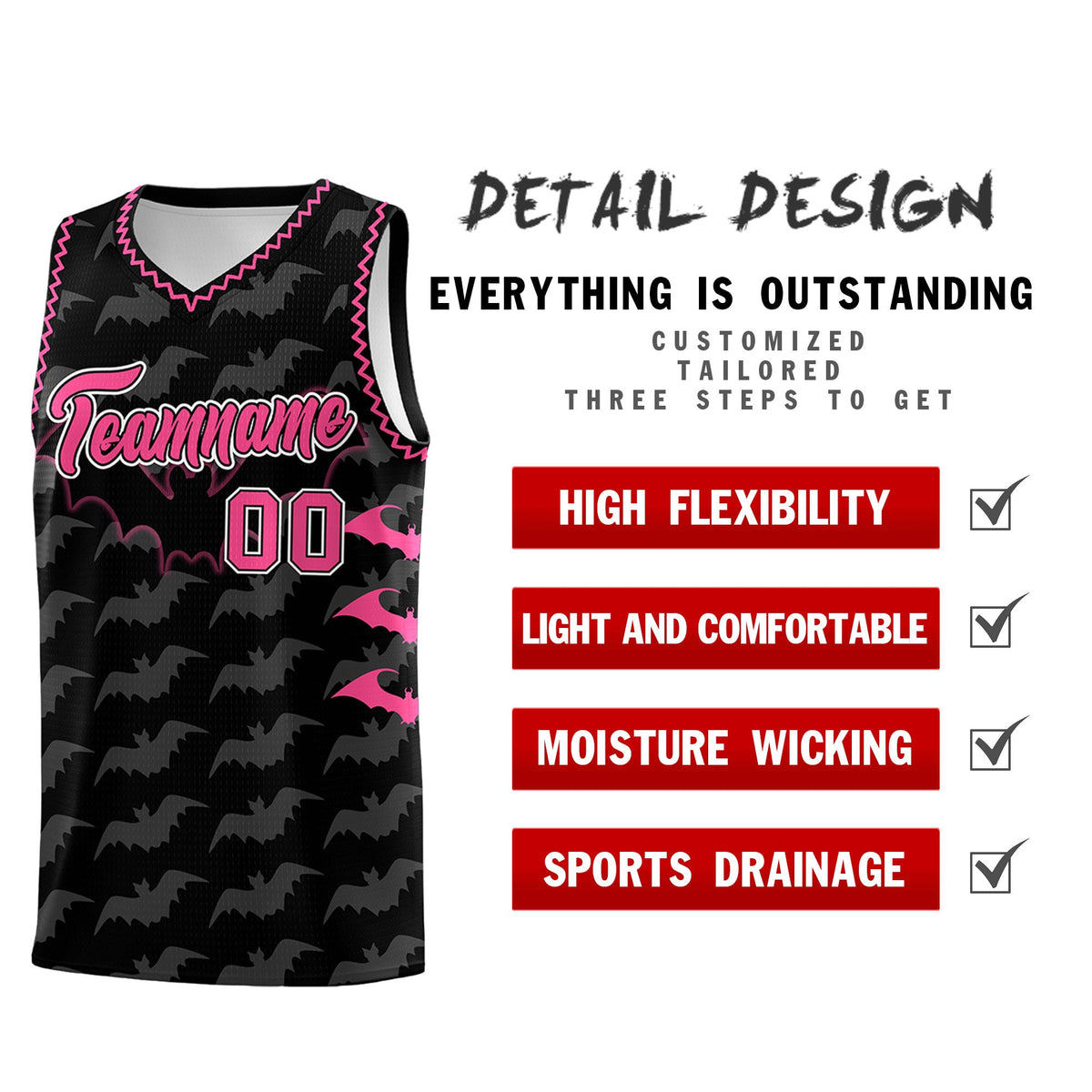 Custom Black Pink Bat Pattern Halloween Basketball Jersey | For Men,For Kid,For Youth,Sublimation Printed,Perfect for Training,Perfect for Parties,Add Name and Numbern | KXKSHOP