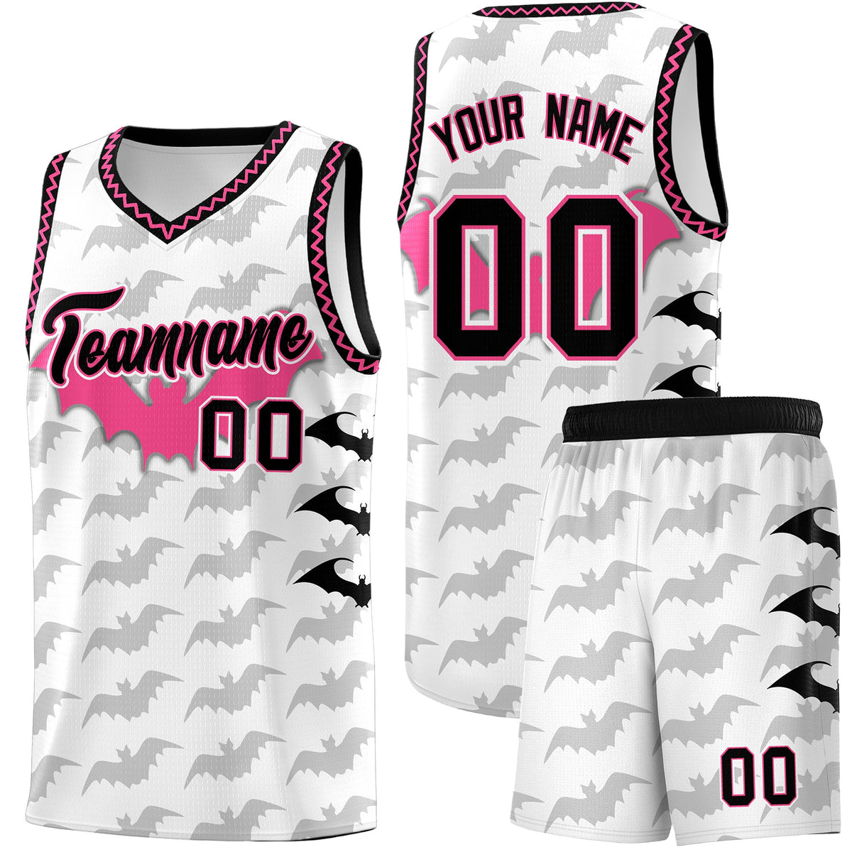 Custom White Black Pink Bat Pattern Halloween Basketball Jersey | For Men,For Kid,For Youth,Sublimation Printed,Perfect for Training,Perfect for Parties,Add Name and Numbern | KXKSHOP