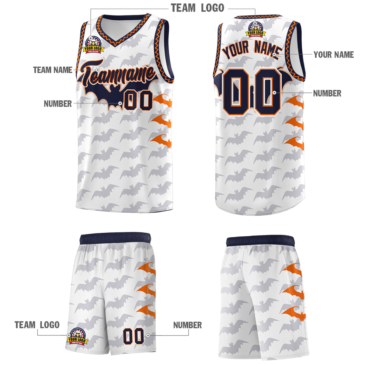 Custom White Orange Navy Bat Pattern Halloween Basketball Jersey | For Men,For Kid,For Youth,Sublimation Printed,Perfect for Training,Perfect for Parties,Add Name and Numbern | KXKSHOP