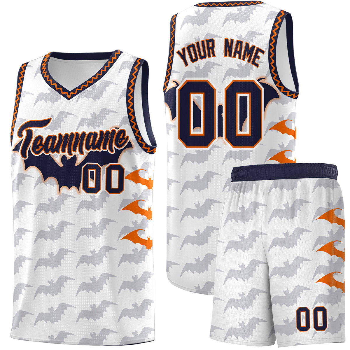 Custom White Orange Navy Bat Pattern Halloween Basketball Jersey | For Men,For Kid,For Youth,Sublimation Printed,Perfect for Training,Perfect for Parties,Add Name and Numbern | KXKSHOP