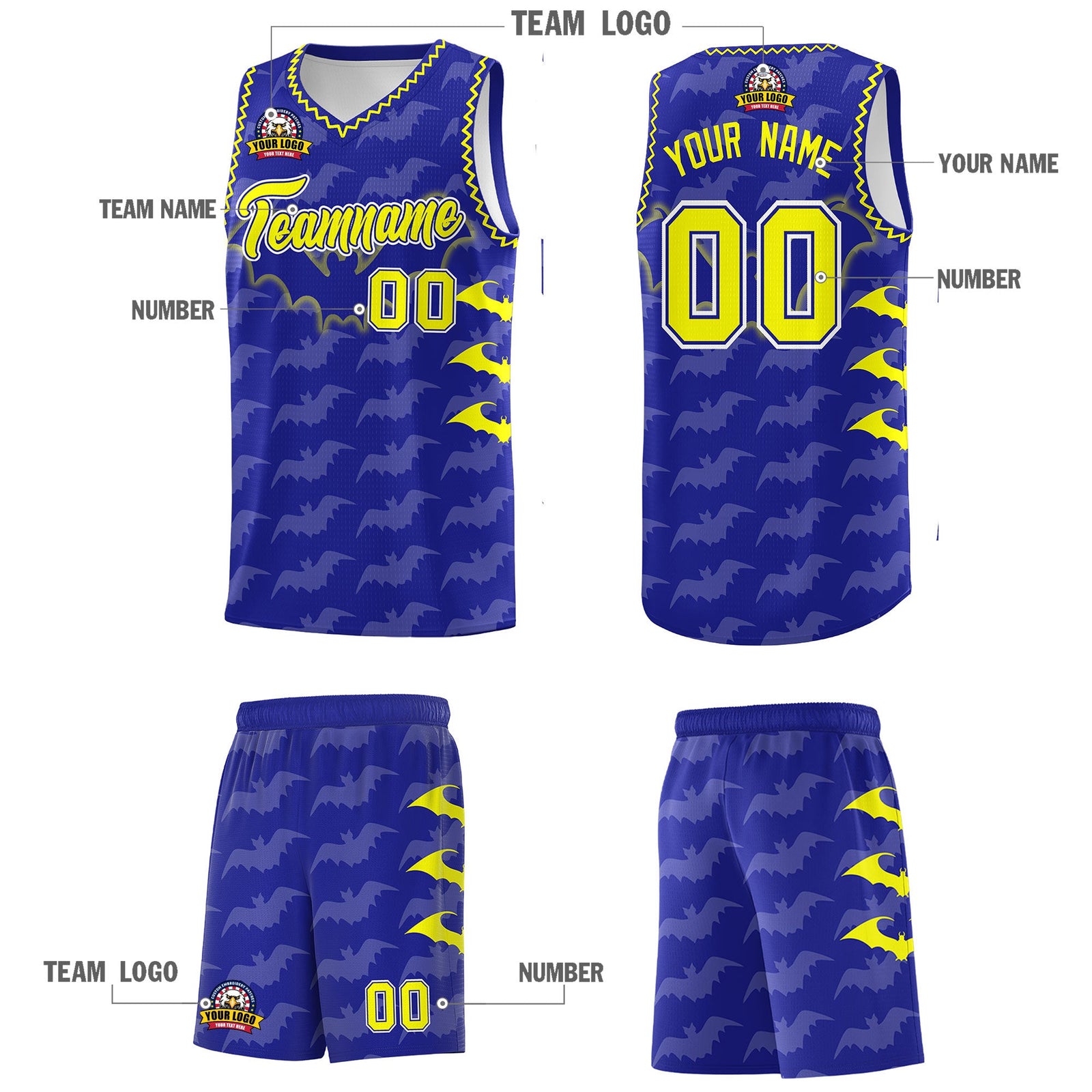Custom Royal Fluorescent Yellow Bat Pattern Halloween Basketball Jersey | For Men,For Kid,For Youth,Sublimation Printed,Perfect for Training,Perfect for Parties,Add Name and Numbern | KXKSHOP