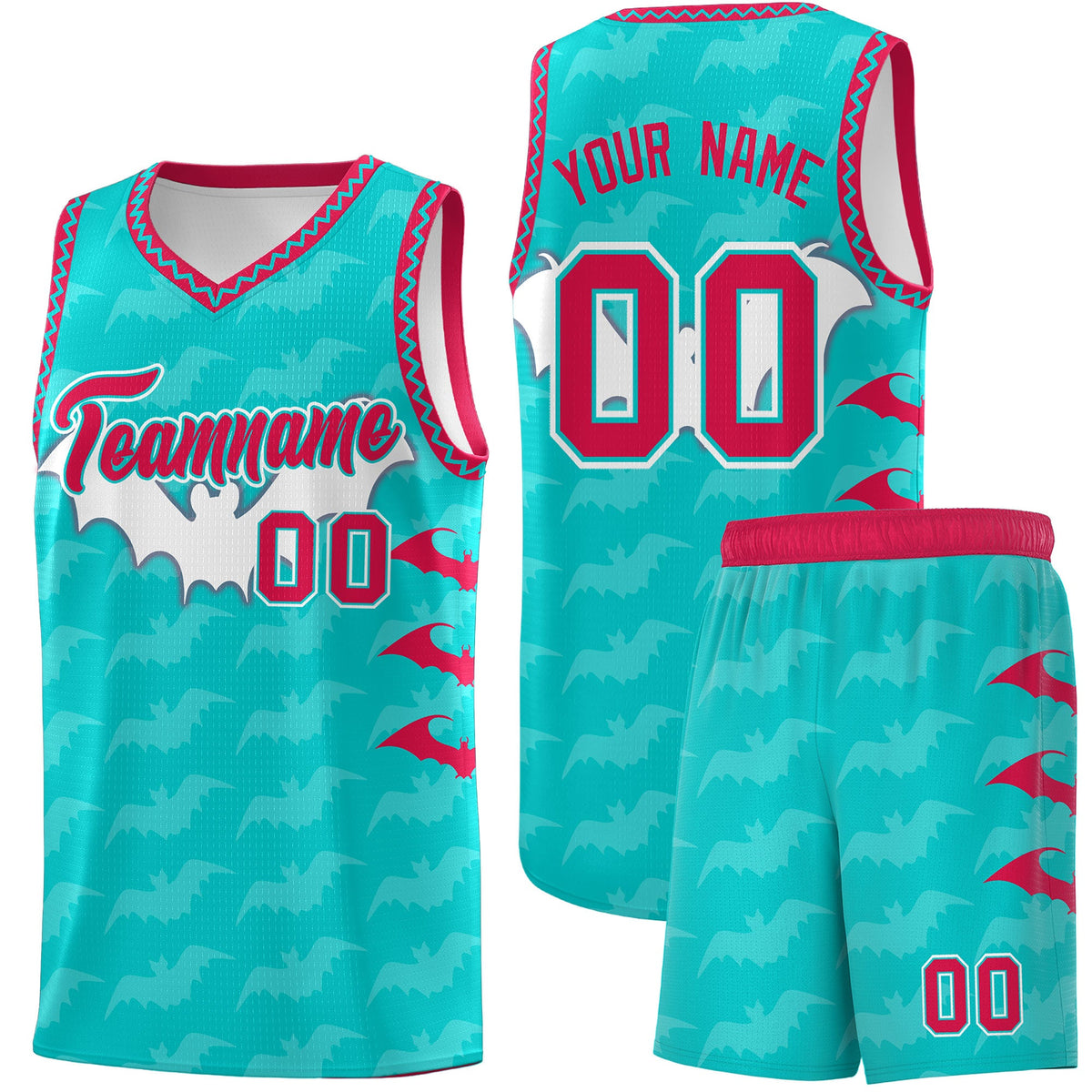 Custom Aqua White Red Bat Pattern Halloween Basketball Jersey | For Men,For Kid,For Youth,Sublimation Printed,Perfect for Training,Perfect for Parties,Add Name and Numbern | KXKSHOP