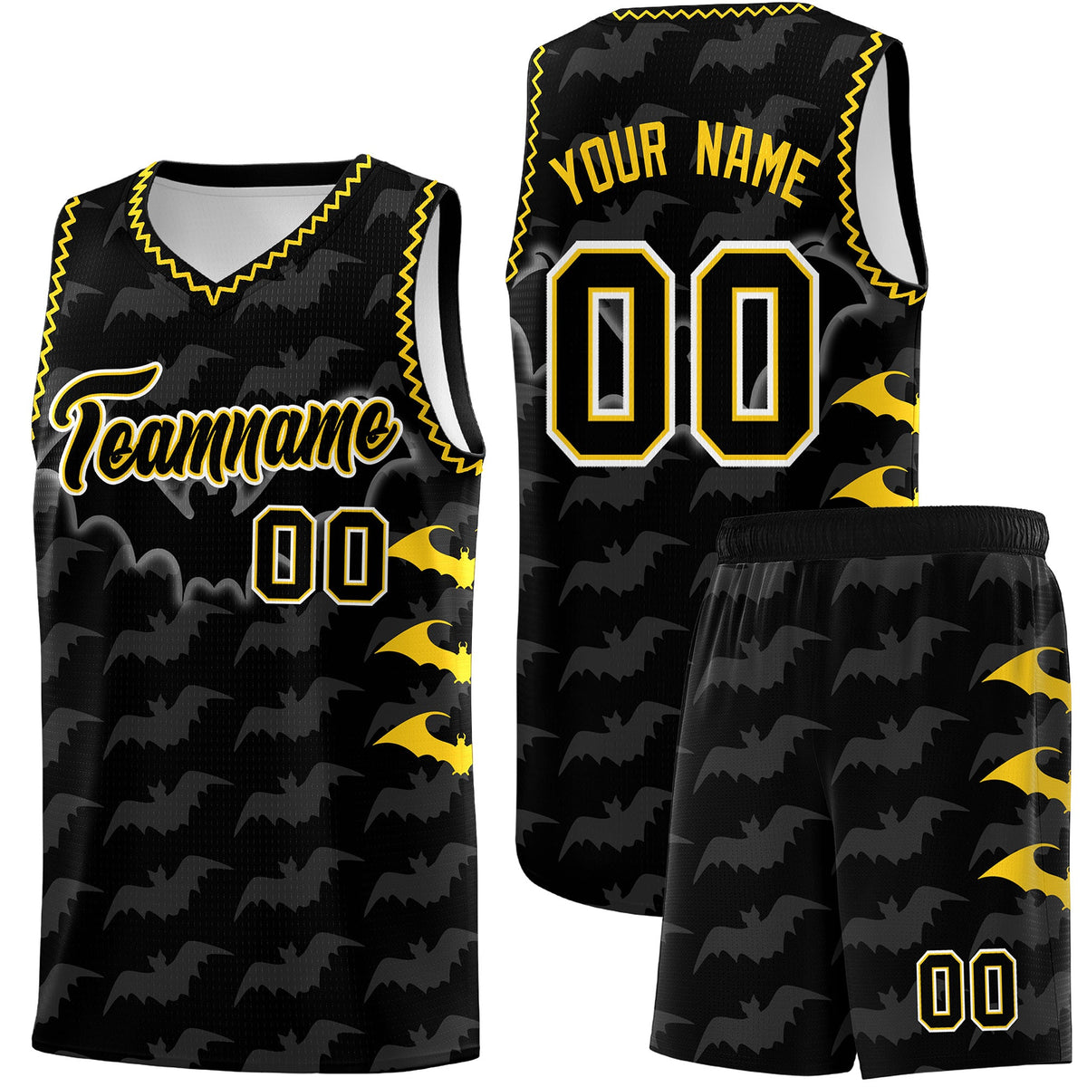 Custom Black Gold Bat Pattern Halloween Basketball Jersey | For Men,For Kid,For Youth,Sublimation Printed,Perfect for Training,Perfect for Parties,Add Name and Numbern | KXKSHOP
