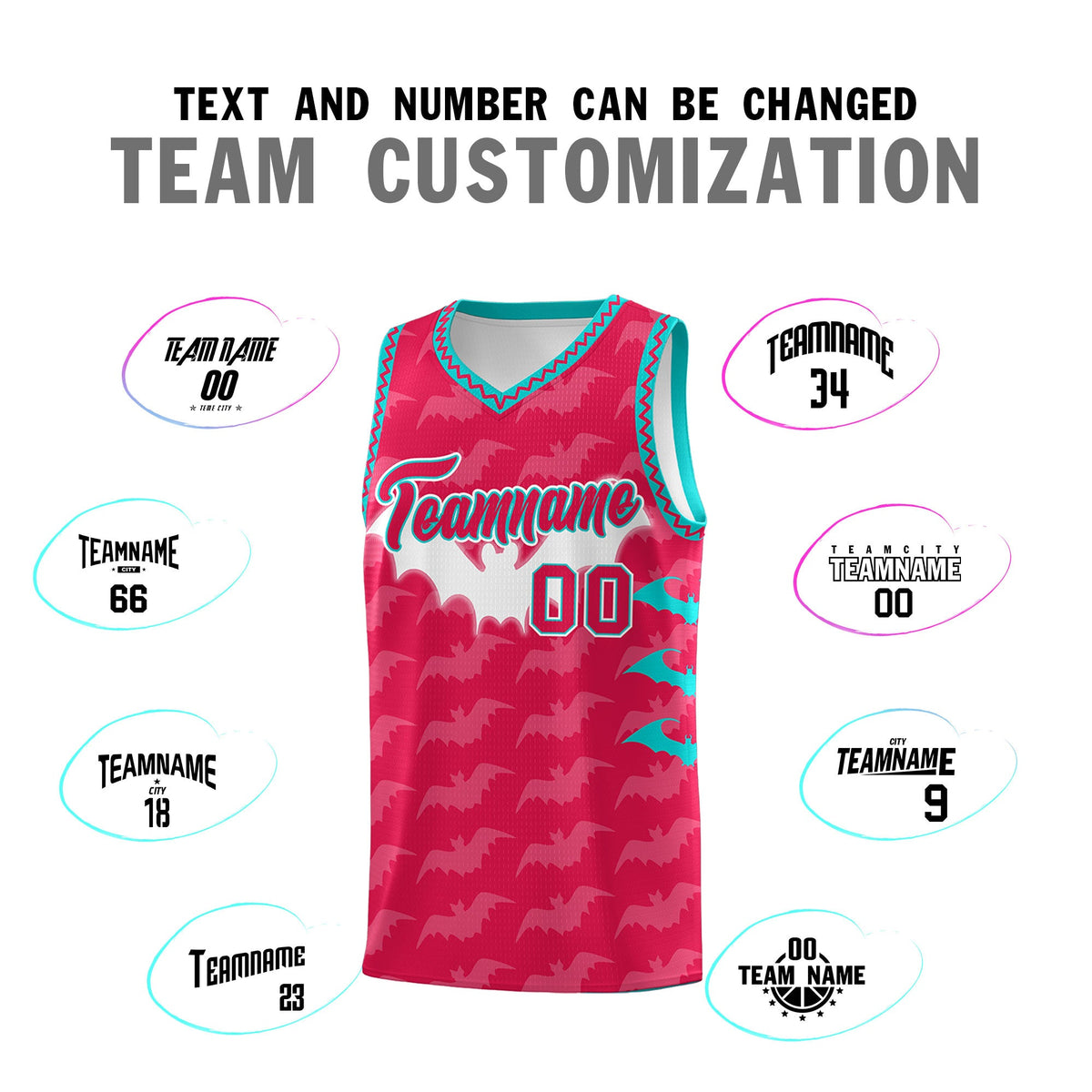 Custom Red White Aqua Bat Pattern Halloween Basketball Jersey | For Men,For Kid,For Youth,Sublimation Printed,Perfect for Training,Perfect for Parties,Add Name and Numbern | KXKSHOP