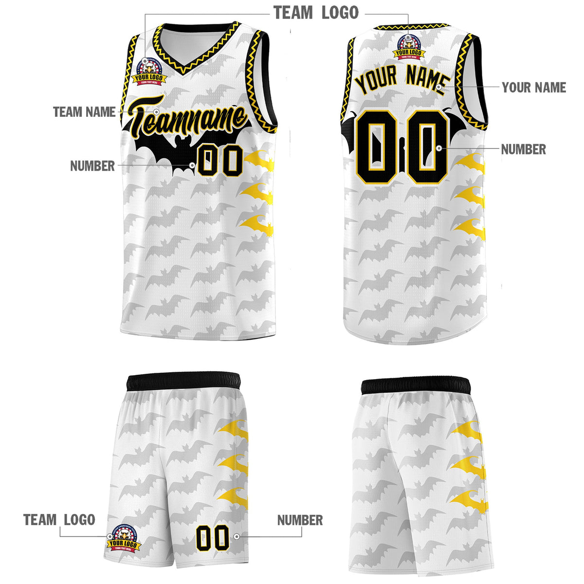 Custom White Gold Black Bat Pattern Halloween Basketball Jersey | For Men,For Kid,For Youth,Sublimation Printed,Perfect for Training,Perfect for Parties,Add Name and Numbern | KXKSHOP