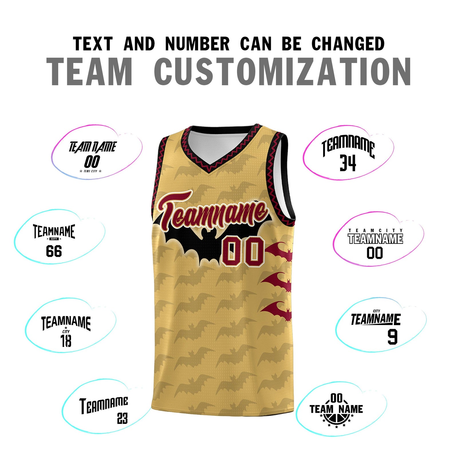 Custom Old Gold Crimson Bat Pattern Halloween Basketball Jersey | For Men,For Kid,For Youth,Sublimation Printed,Perfect for Training,Perfect for Parties,Add Name and Numbern | KXKSHOP