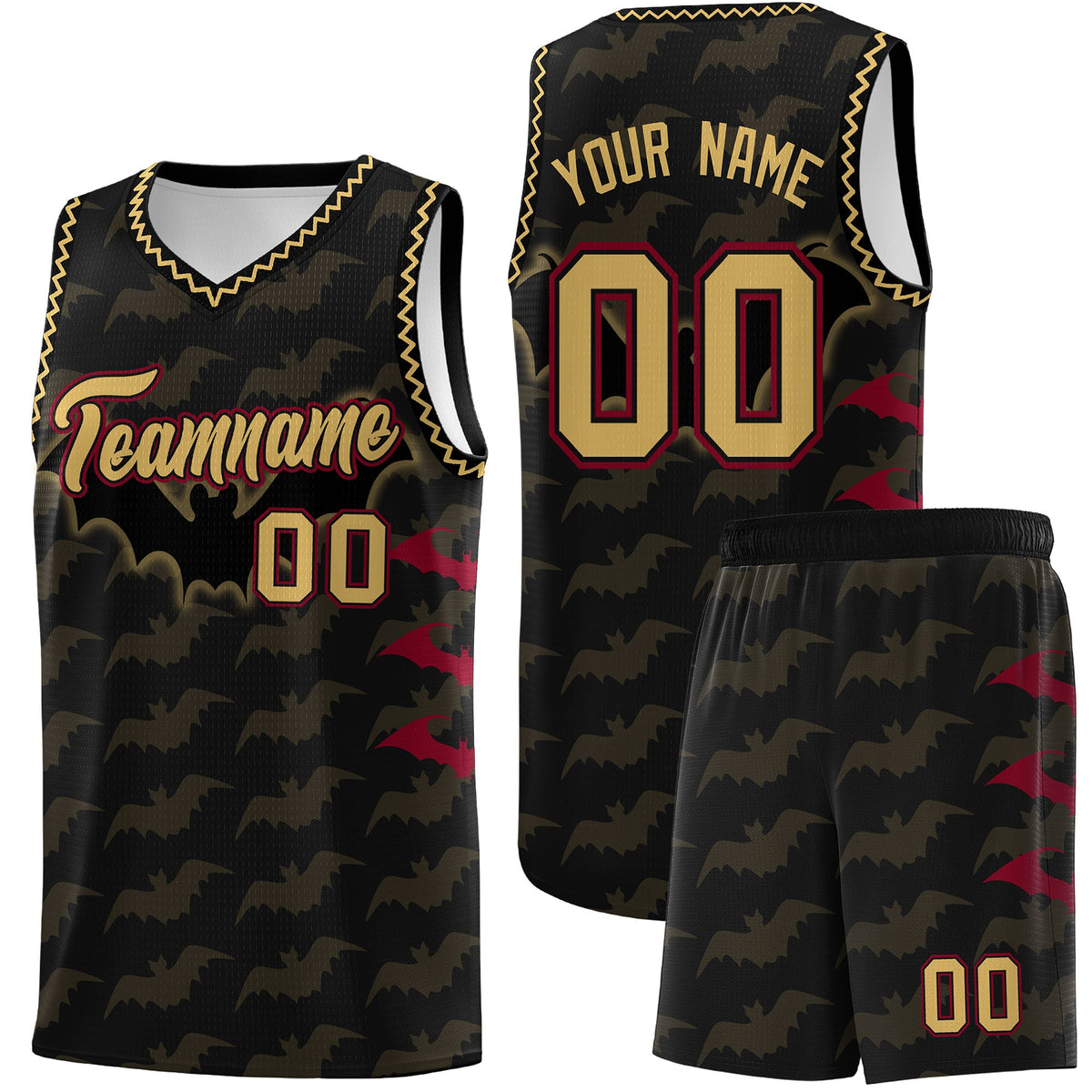 Custom Black Old Gold Crimson Bat Pattern Halloween Basketball Jersey | For Men,For Kid,For Youth,Sublimation Printed,Perfect for Training,Perfect for Parties,Add Name and Numbern | KXKSHOP
