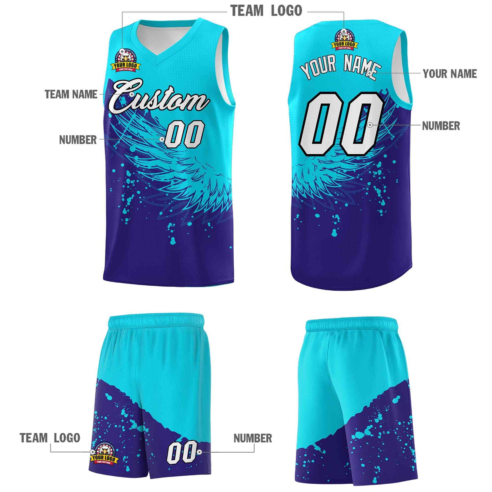 Custom Royal Sky Blue Wing Pattern Sports Uniform Basketball Jersey