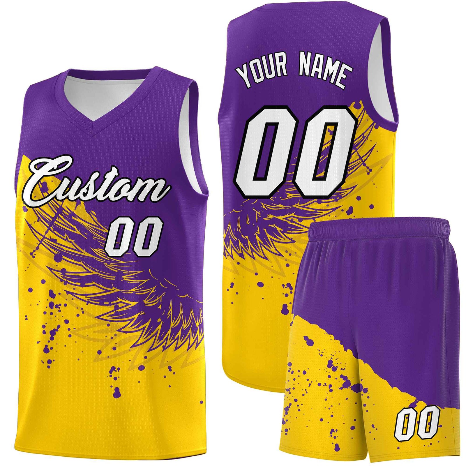 Custom Gold Purple Wing Pattern Sports Uniform Basketball Jersey| KXKSHOP
