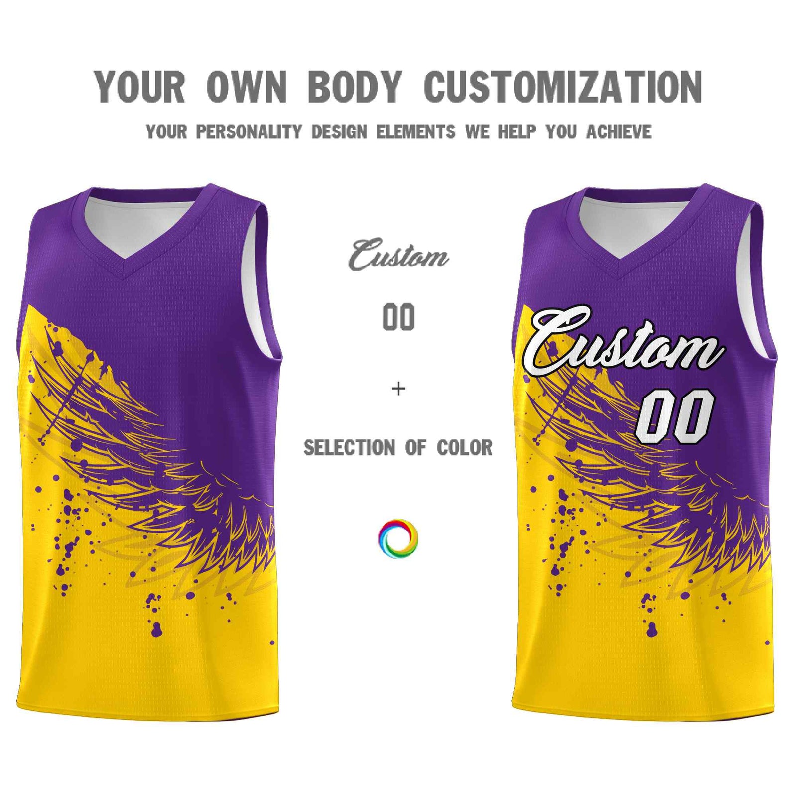 Custom Gold Purple Wing Pattern Sports Uniform Basketball Jersey| KXKSHOP