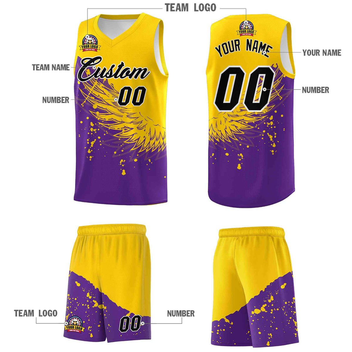 Custom Purple Gold Wing Pattern Sports Uniform Basketball Jersey