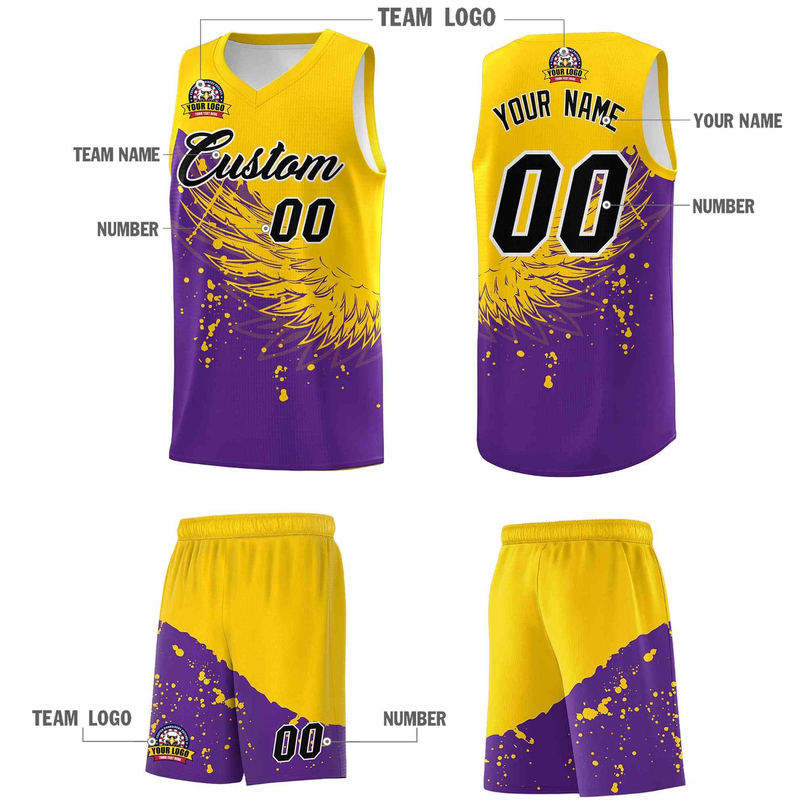 Custom Purple Gold Wing Pattern Sports Uniform Basketball Jersey