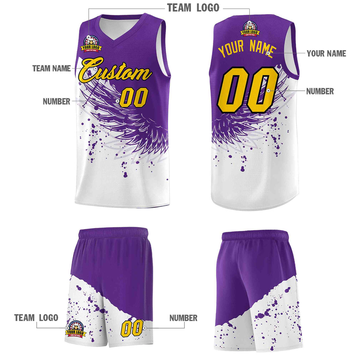 Custom White Purple Wing Pattern Sports Uniform Basketball Jersey| KXKSHOP
