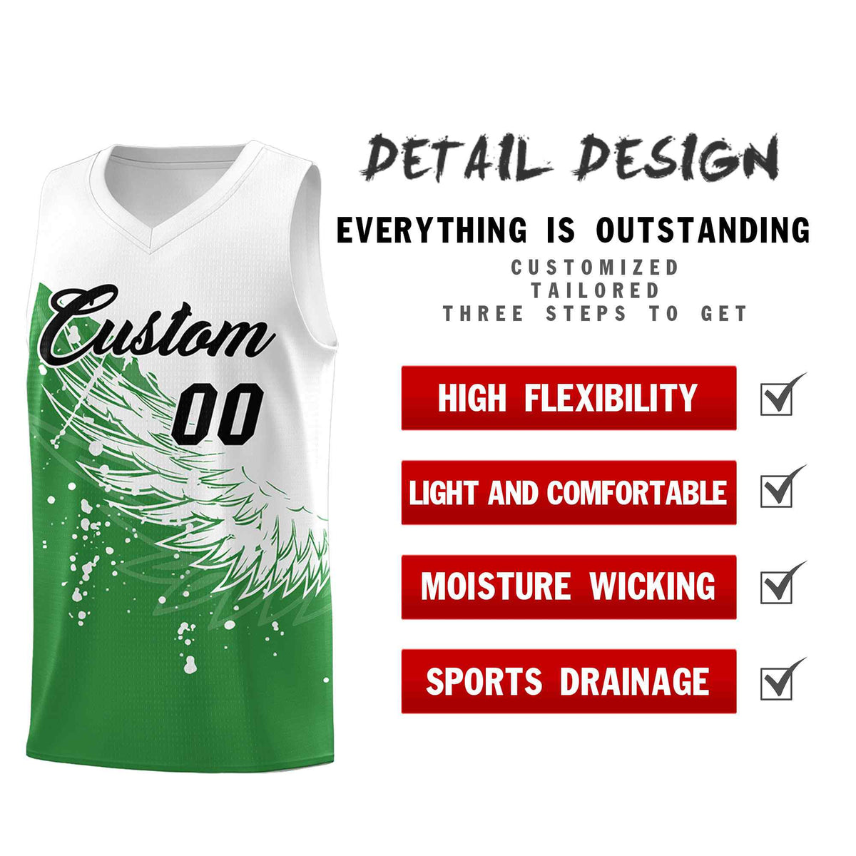 Custom Kelly Green White Wing Pattern Sports Uniform Basketball Jersey| KXKSHOP