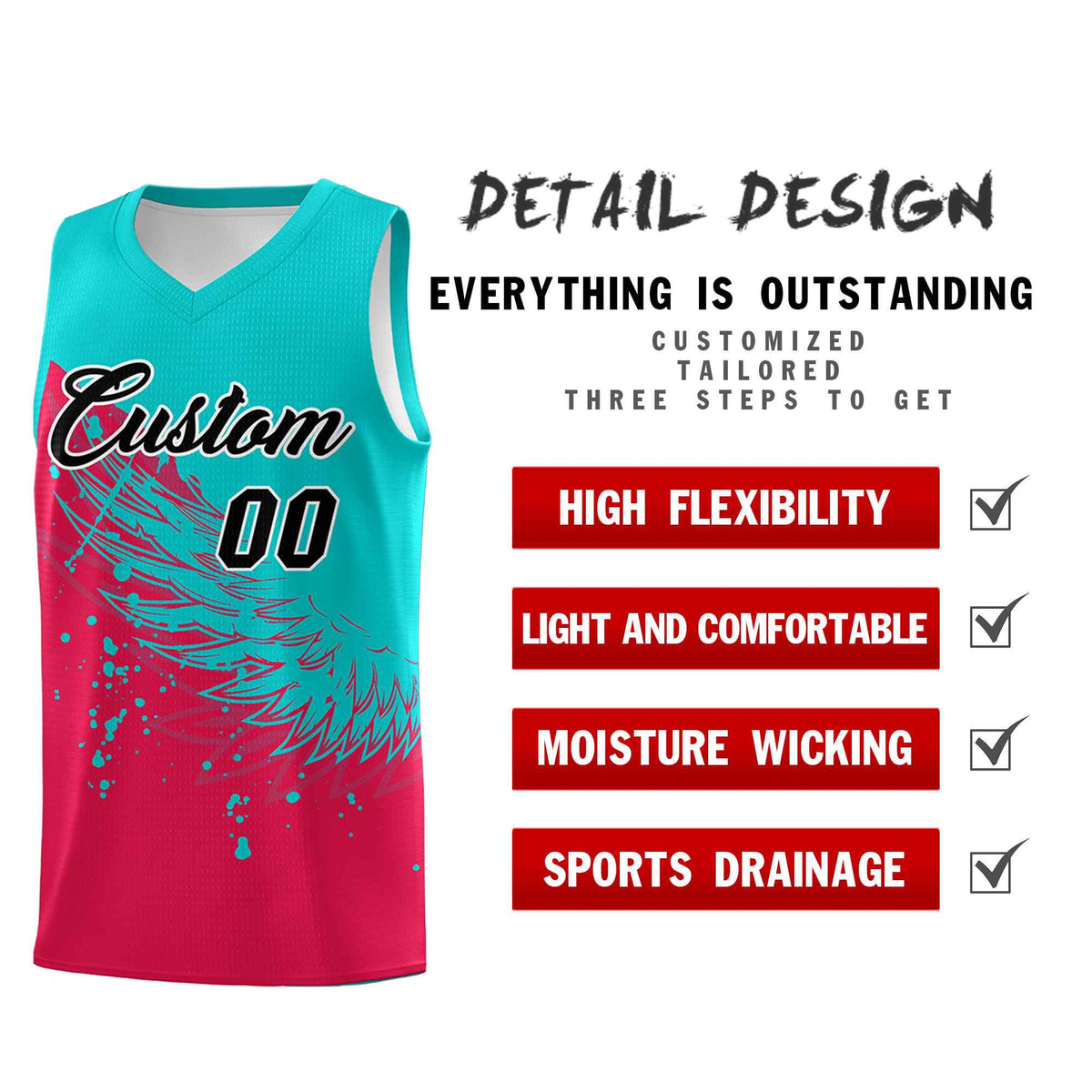 Custom Red Aqua Wing Pattern Sports Uniform Basketball Jersey| KXKSHOP