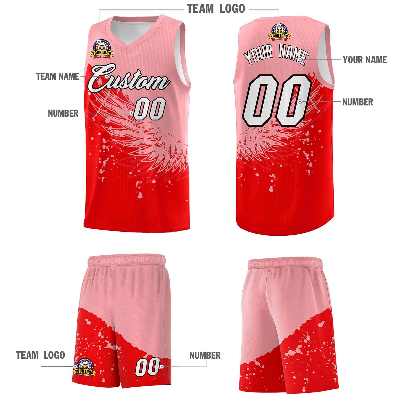 Custom Light Red Light Pink Wing Pattern Sports Uniform Basketball Jersey