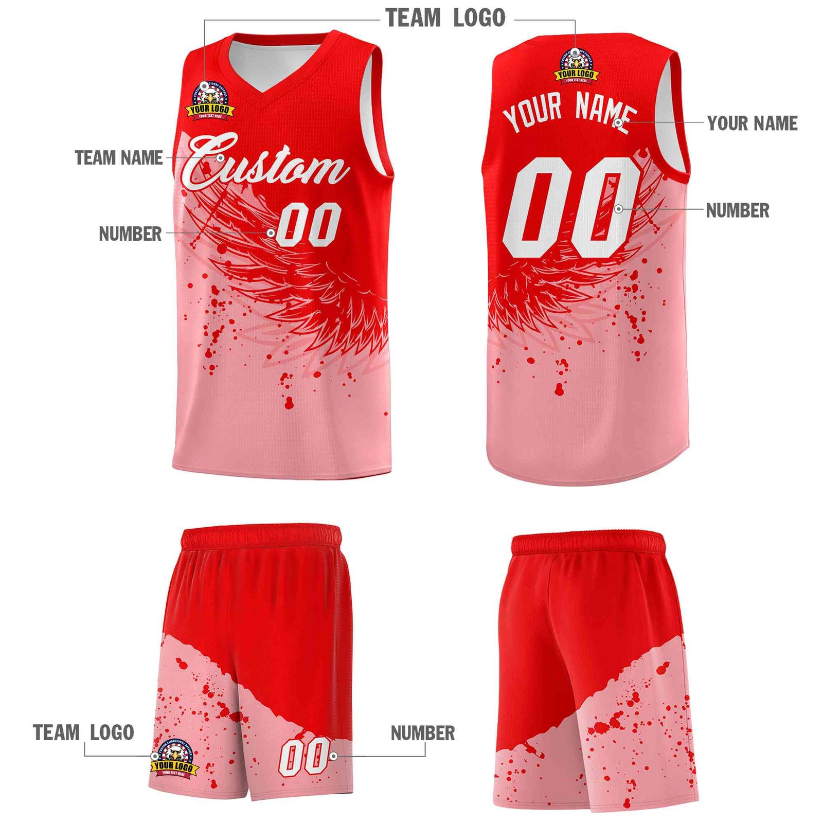 Custom Light Pink Light Red Wing Pattern Sports Uniform Basketball Jersey