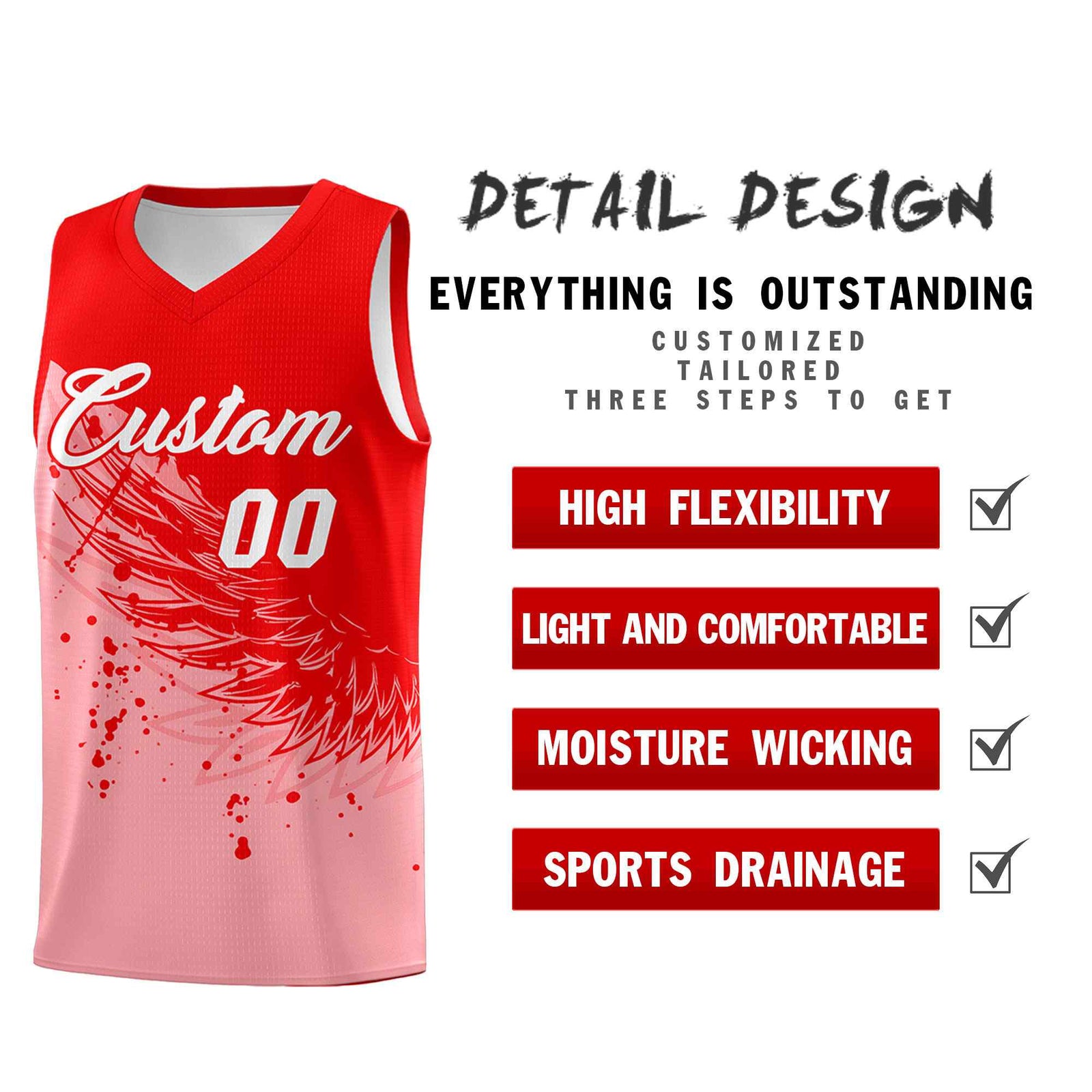 Custom Light Pink Light Red Wing Pattern Sports Uniform Basketball Jersey| KXKSHOP
